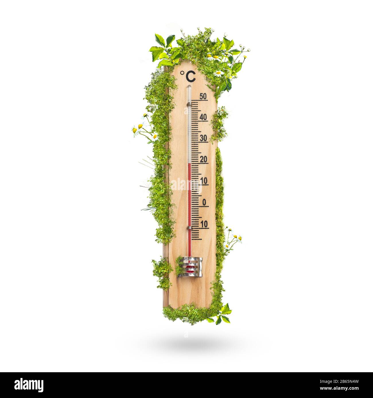 Thermomètre surcultivé avec la végétation du temps de printemps isolée sur blanc Banque D'Images