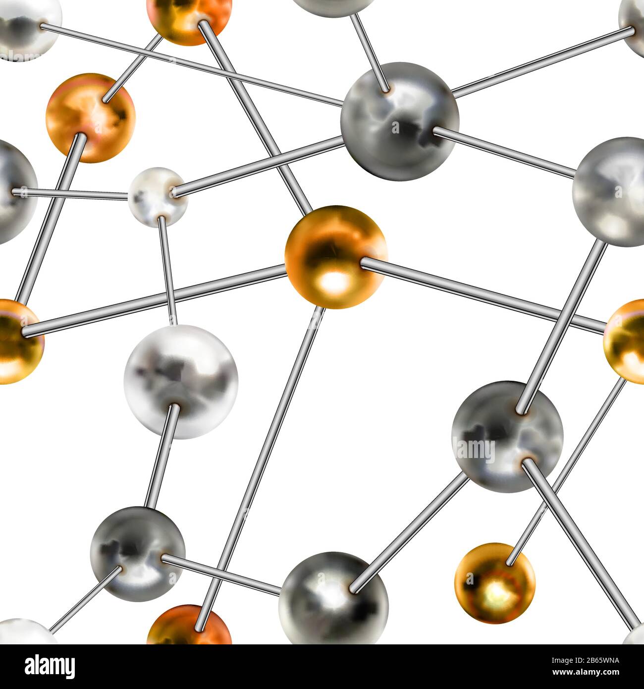Billes argentées brillantes et dorées en structure chimique abstraite, motif science sans couture Illustration de Vecteur