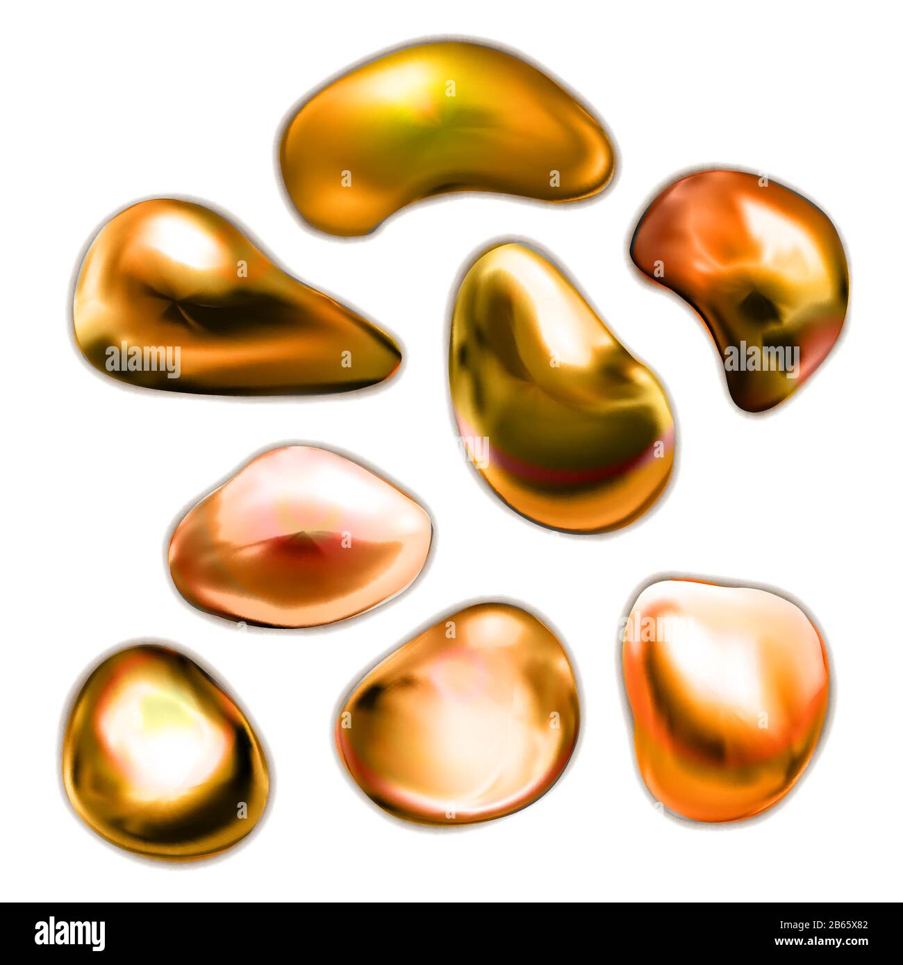 Ensemble de gouttes brillantes réalistes de métal doré sur blanc Illustration de Vecteur