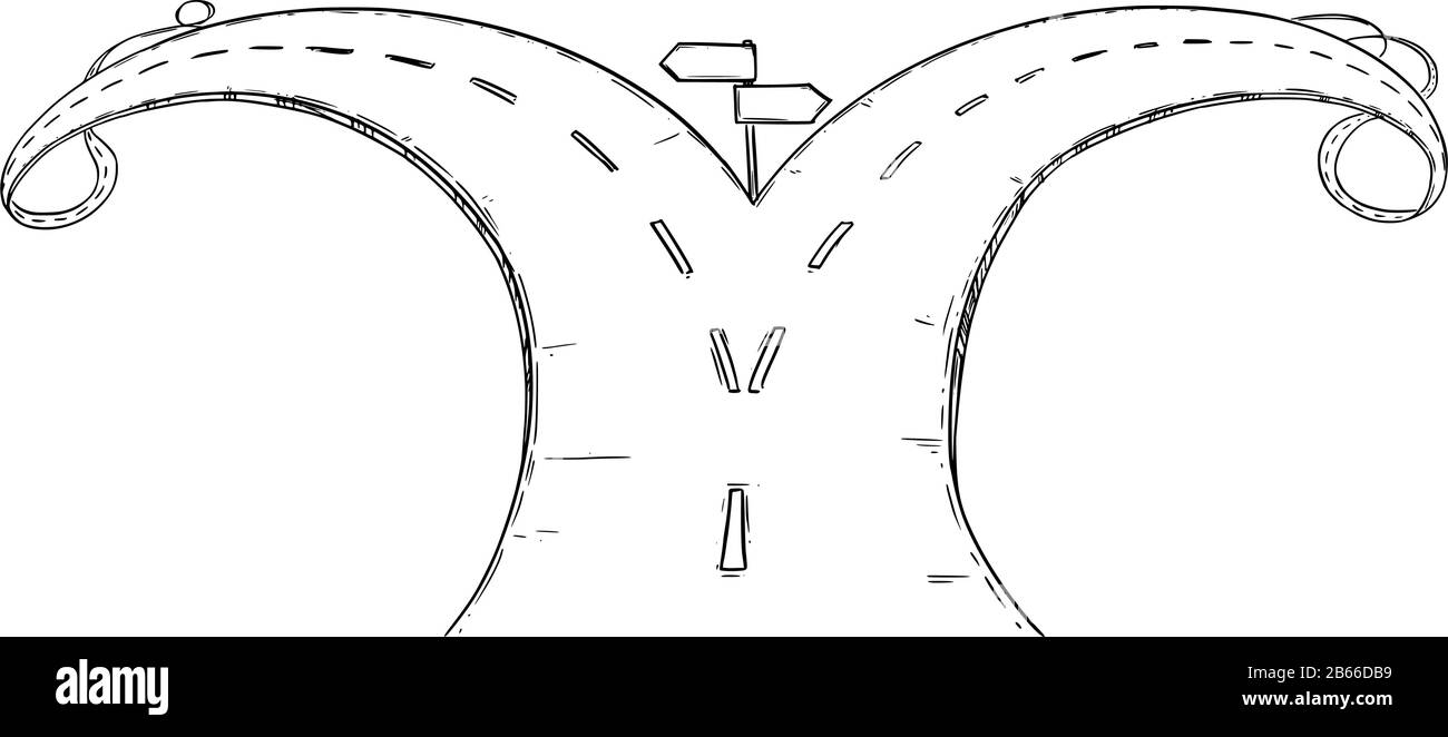 Vecteur noir et blanc dessin conceptuel ou illustration de la fourche dans la route ou le carrefour, prendre la décision ou décider ou choisir parmi deux options. Illustration de Vecteur