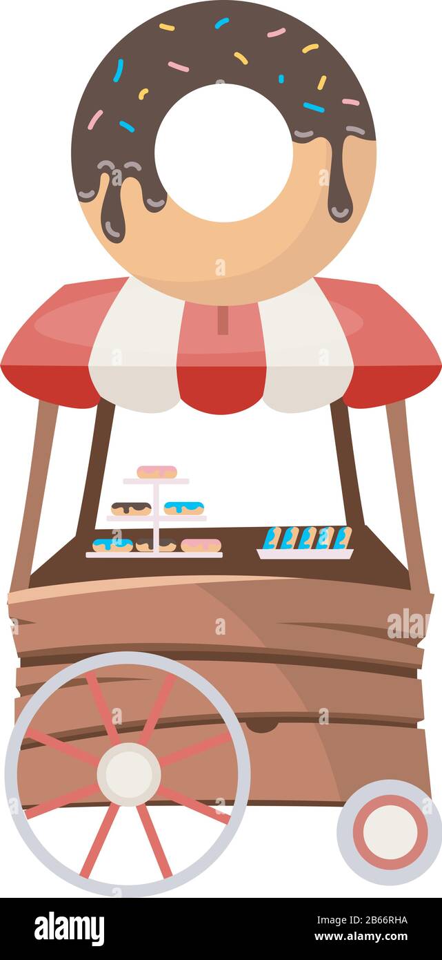 Illustration vectorielle plate du camion alimentaire Donut. Mini magasin de bonbons sur roues. Vente de desserts. Véhicule alimentaire de rue. Salon des snacks. Chariot de boulangerie isolé Illustration de Vecteur