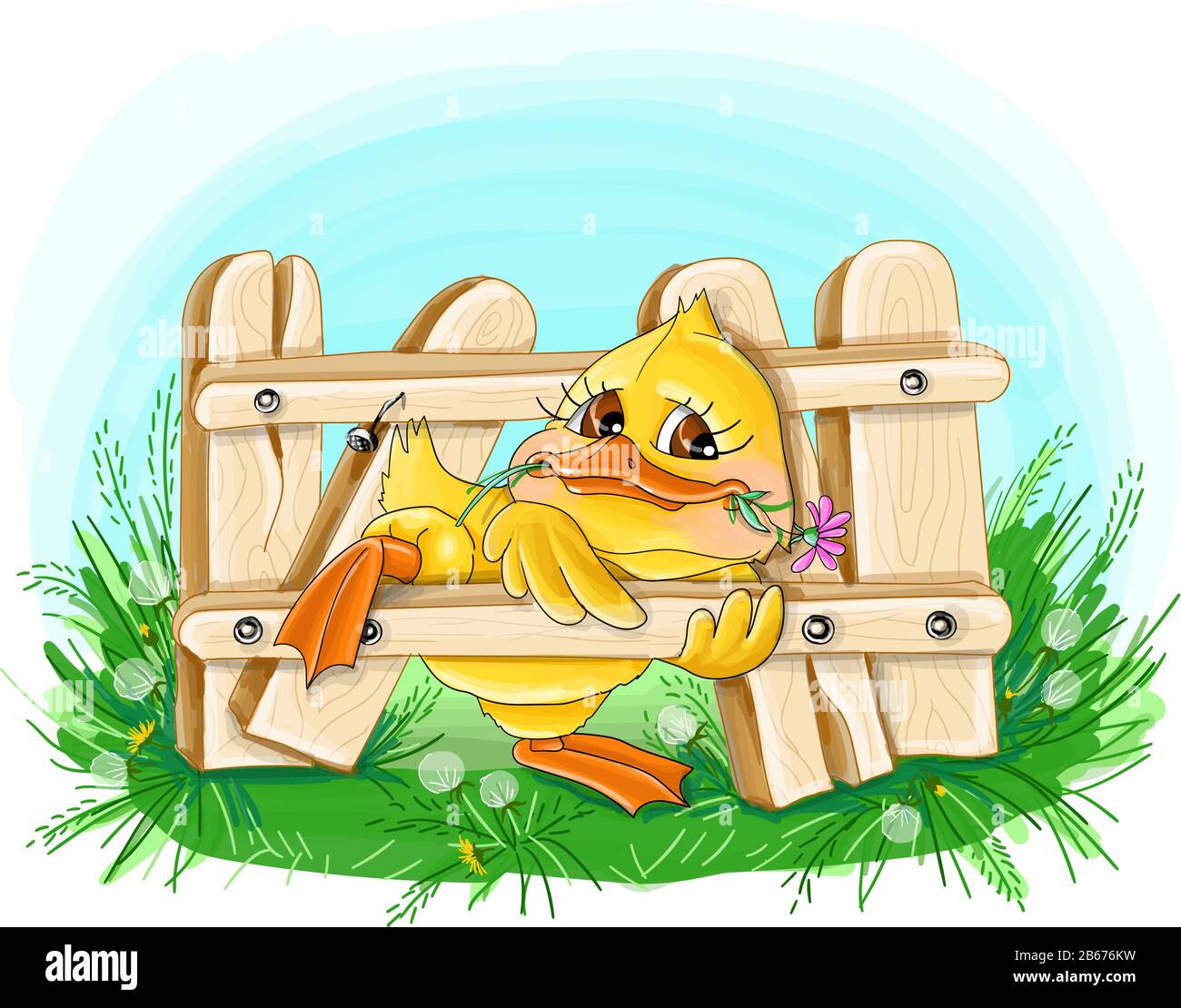 illustration vectorielle vacances de rêve duckling avec une fleur grimpent au-dessus de la clôture Illustration de Vecteur