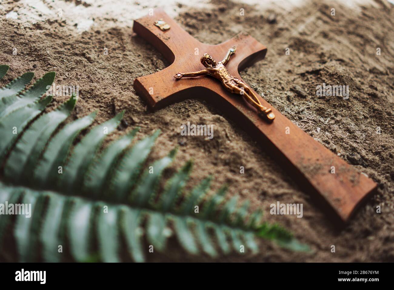 Croix chrétienne dans la cendre religieuse palm de pâques figuier dimanche concept . Banque D'Images