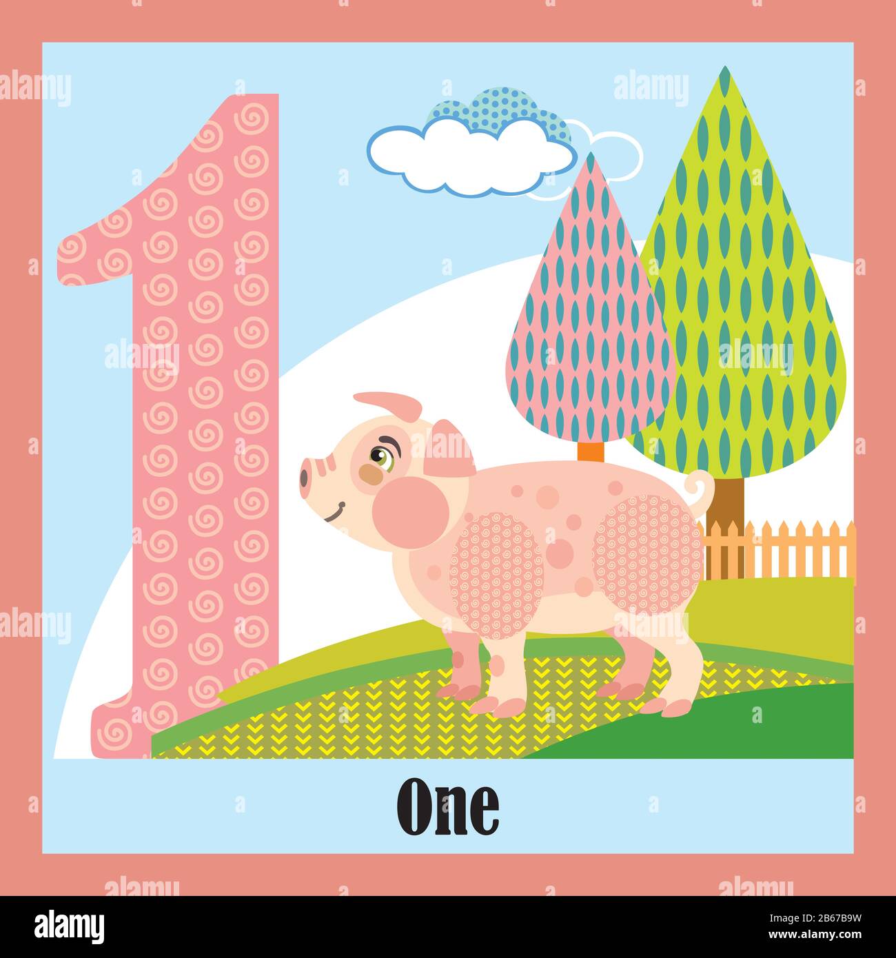 Cartes flashées vectorielles de numéros d'animaux, numéro 1. Illustration colorée de la caricature du numéro 1 et du caractère vectoriel de porc. Couleurs vives zoo faune Illustration de Vecteur