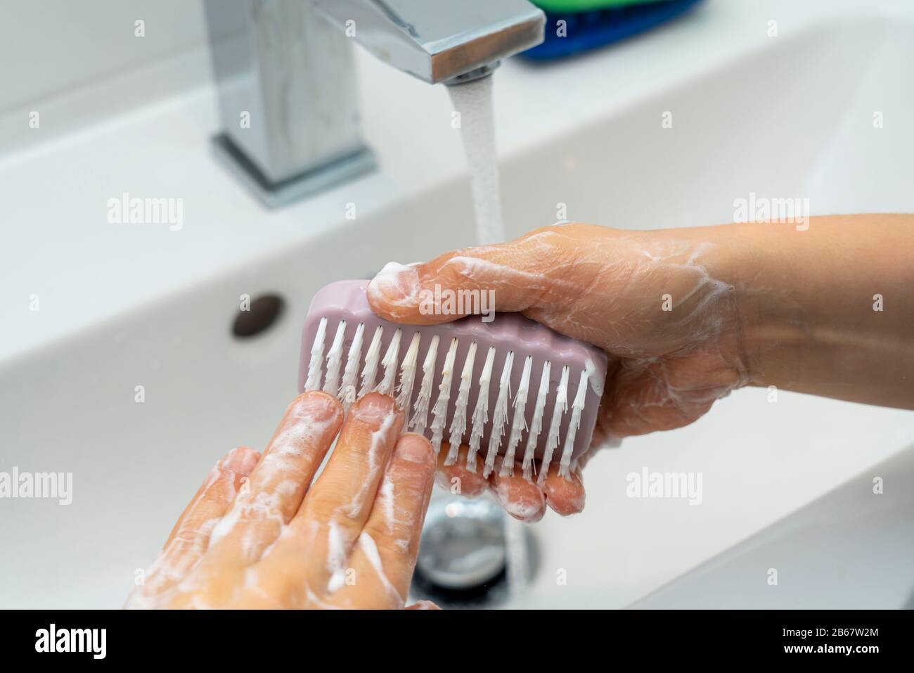 HŠusliche Hygiene, HŠnde waschen, mit einem StŸck Seife, NagelbŸrste, Junge 9 Jahre Alt, Banque D'Images