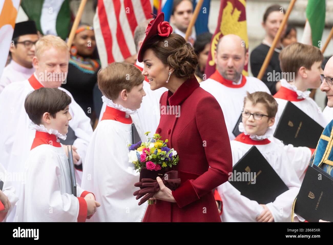 Londres, Grande-Bretagne. 9 mars 2020. Catherine, duchesse de Cambridge, quitte l'abbaye de Westminster après avoir assisté au Commonwealth Service annuel le jour du Commonwealth à Londres, Grande-Bretagne, le 9 mars 2020. Crédit: Ray Tang/Xinhua/Alay Live News Banque D'Images