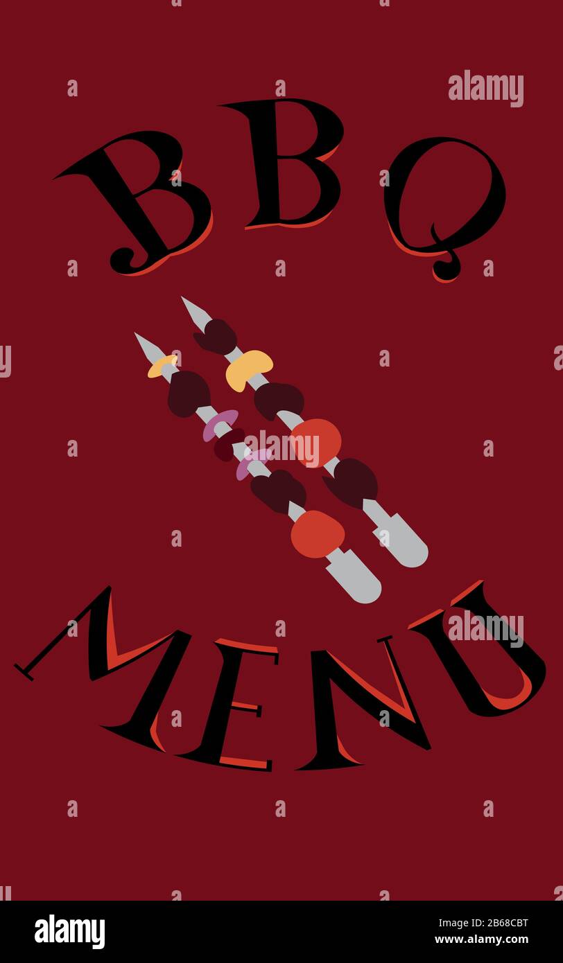 Menu barbecue. Kebab sur fond rouge. Lettrage. Design pour menu, prospectus, carte de visite et publicité. Illustration de Vecteur