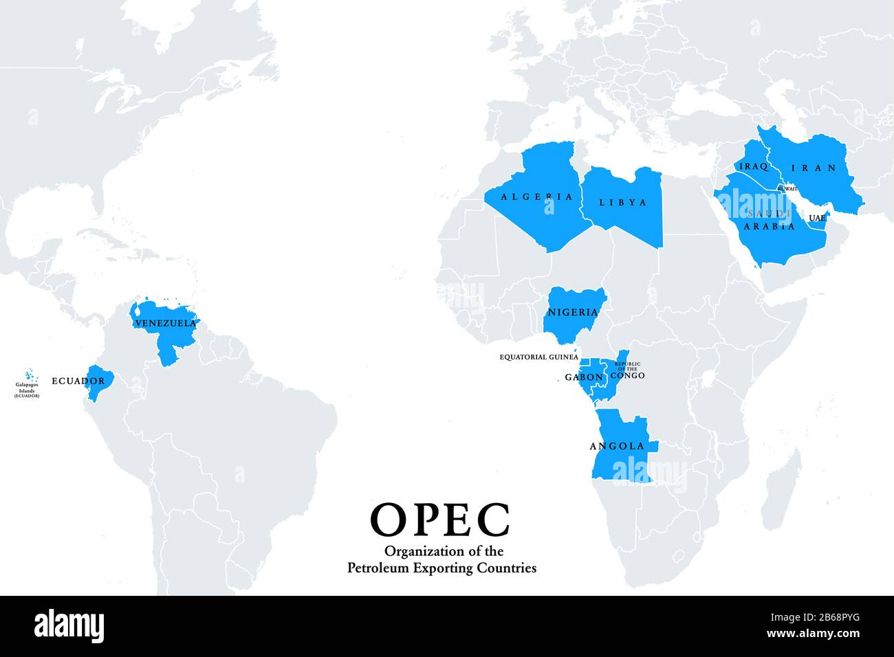 Etats membres de l'OPEP, carte politique. Organisation De Pays exportateurs de pétrole, organisation de 14 nations, donnant une influence majeure sur le prix du pétrole. Banque D'Images