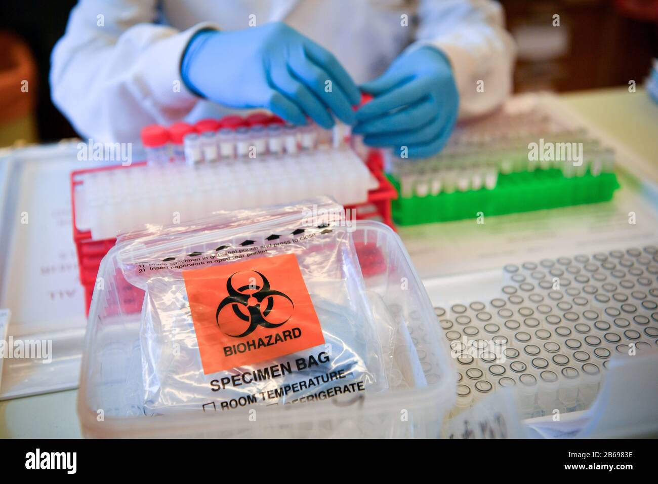 Les techniciens de laboratoire manipulent des échantillons soupçonnés de COVID-19 lorsqu'ils effectuent un test de diagnostic du coronavirus dans le laboratoire de microbiologie du Centre spécialisé de virologie de l'hôpital universitaire du Pays de Galles à Cardiff. Banque D'Images