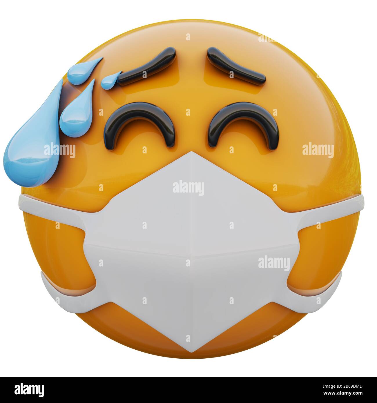 Rendu tridimensionnel du visage emoji souligné dans le masque médical protégeant du coronavirus 2019-nCoV, du MERS-nCoV, du sras, de la grippe aviaire et d'autres virus, des germes Banque D'Images