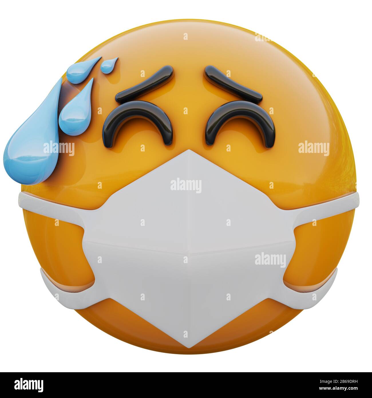 Rendu tridimensionnel du visage emoji souligné dans le masque médical protégeant du coronavirus 2019-nCoV, du MERS-nCoV, du sras, de la grippe aviaire et d'autres virus, des germes Banque D'Images