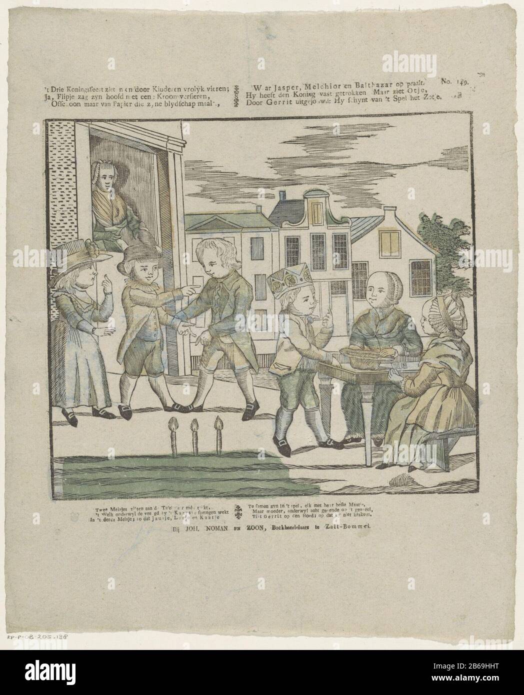 Le roi À Trois partis est vu par les enfants heureux de célébrer Oui, Pippin a vu orner sa tête avec la couronne Eenen () (titre objet) Journal avec une grande représentation de six enfants qui jouent le roi-tirage au jeu à l'Epiphany. La mère regarde à distance. Au-dessous de l'image, une nouvelle ligne de six lignes en deux colonnes. Numéroté en haut à droite : non 149. Fabricant : Éditeur: Johan Noman & son (bâtiment classé) printmaker: Fabrication anonyme: Éditeur: Zaltbommel Imprimer auteur: Pays-Bas Date: 1830 - 1892 Caractéristiques physiques: Bois de couleur verte, orange et bleue; matériel d'impression de texte: Technique du papier: Banque D'Images