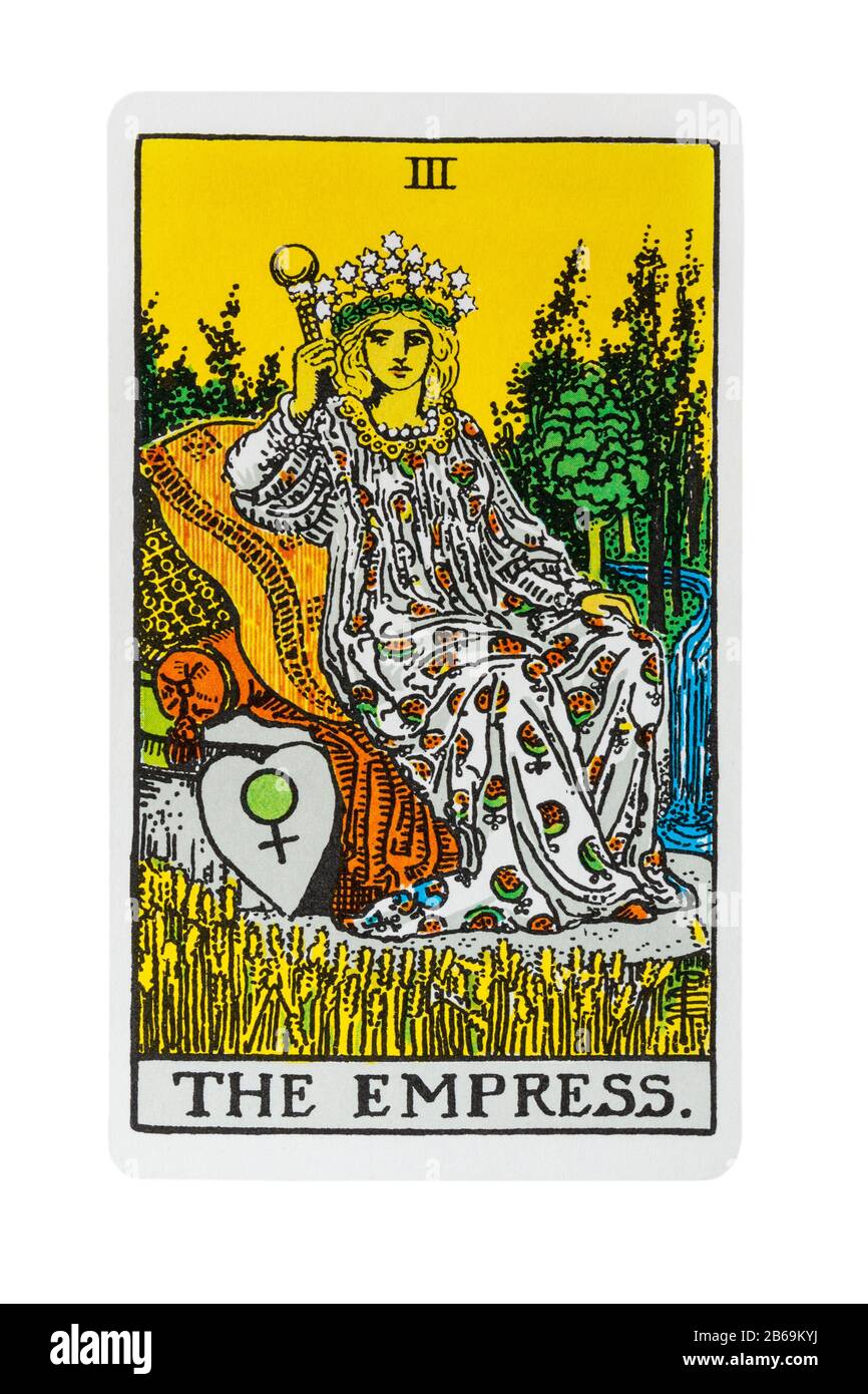 La carte de tarot Empress des cartes Rider Tarot conçues par Pamela Colman Smith sous la supervision d'Arthur Edward Waite isolée sur blanc Banque D'Images