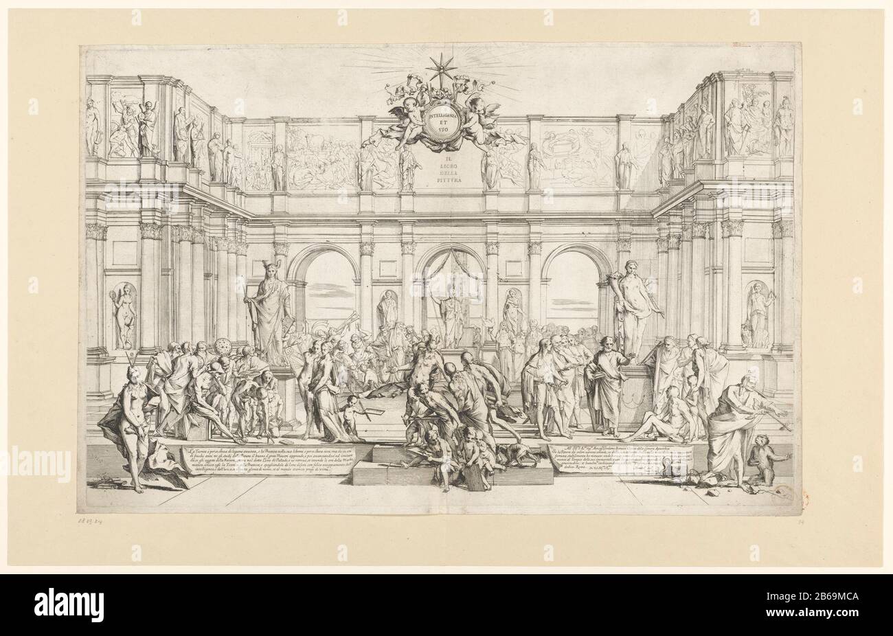 Académie de peinture il Liceo della Pittura (objet titre) vue d'une cour avec trois groupes d'artistes qui imitation, représentant l'observation et la perfection. Les artistes apparaissent pour les scientifiques. L'extrême gauche est la personnification de la théorie. L'extrême droite est la personnification de la pratique avec un singe, symbole de l'im itatie. Elle s'est emparé aveuglément du spectacle. Entre les figures sont différentes sculptures. Papier inférieur gauche et droit avec texte. Milieu au-dessus de deux putti portant un médaillon avec du texte: 'Intelligiza et uzo'. Fabricant : printmaker: Pietro Testa (bâtiment classé) Banque D'Images