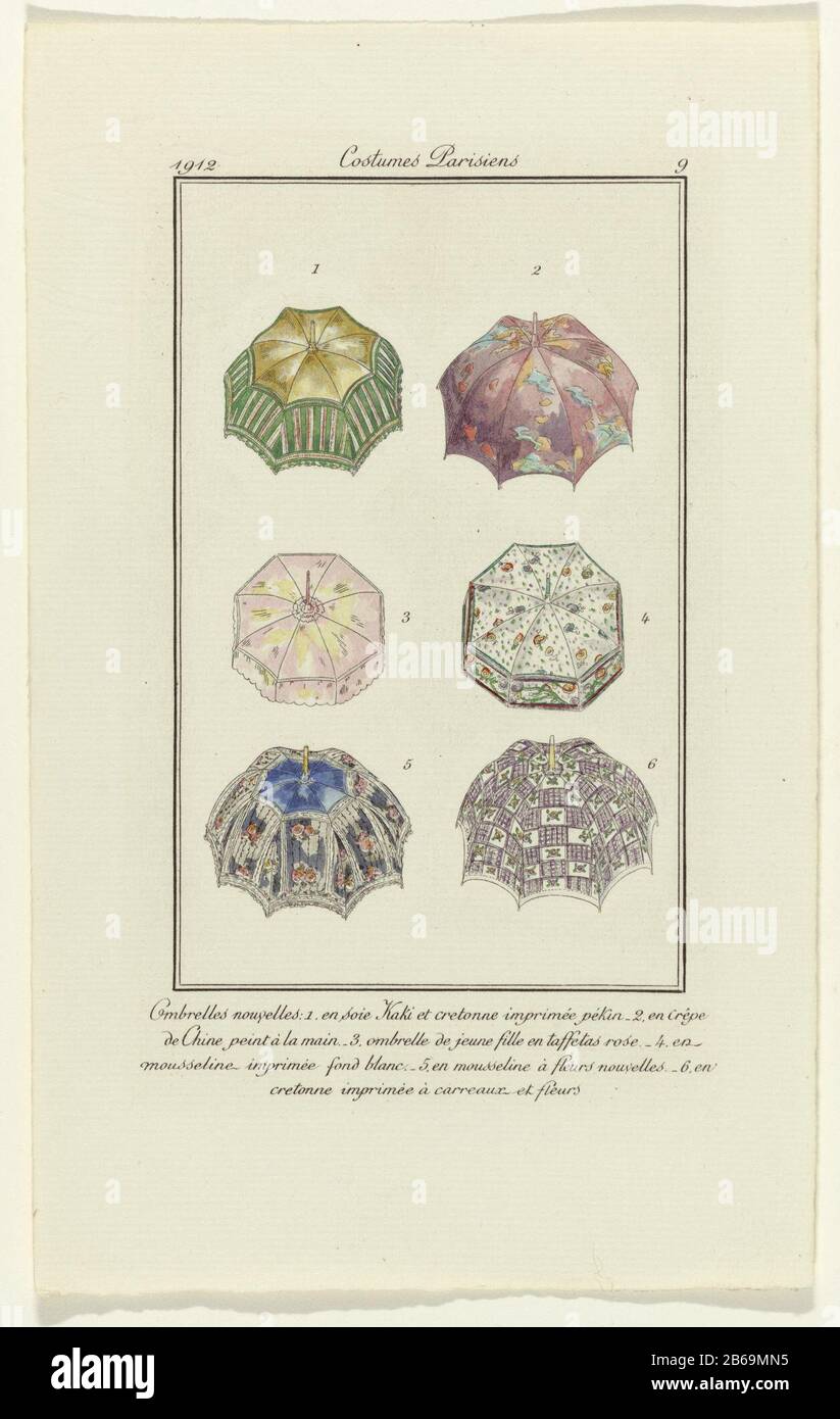 Accessoires Journal des Dames et profils, 1912 costumes Parisiens, No 9 nouveaux Parapluies Six parapluies de couleurs et de motifs différents, exécutés en soie , en crêpe de chine, en mousseline ou en crêton imprimé . Fabricant : fabricant d'impression: Anonyme (indiqué sur l'objet) Lieu de fabrication: Paris Date: 1912 matériau: Papier technique: Engrala (procédé d'impression) Dimensions: H 180 mm × W 110 mm Objet: Fashion plates parapluie quand: 1912 - 19121912 - 1912 Banque D'Images