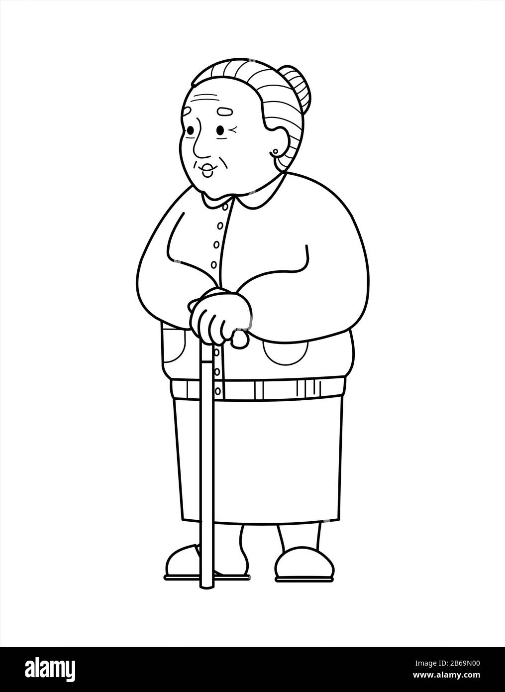 Vecteur contour vieille femme avec une canne. Bonne vieille grand-mère. Retraité, babushka. Femme âgée, concept de personnes seniles. Pour la page de livre de coloriage. Isolé Illustration de Vecteur