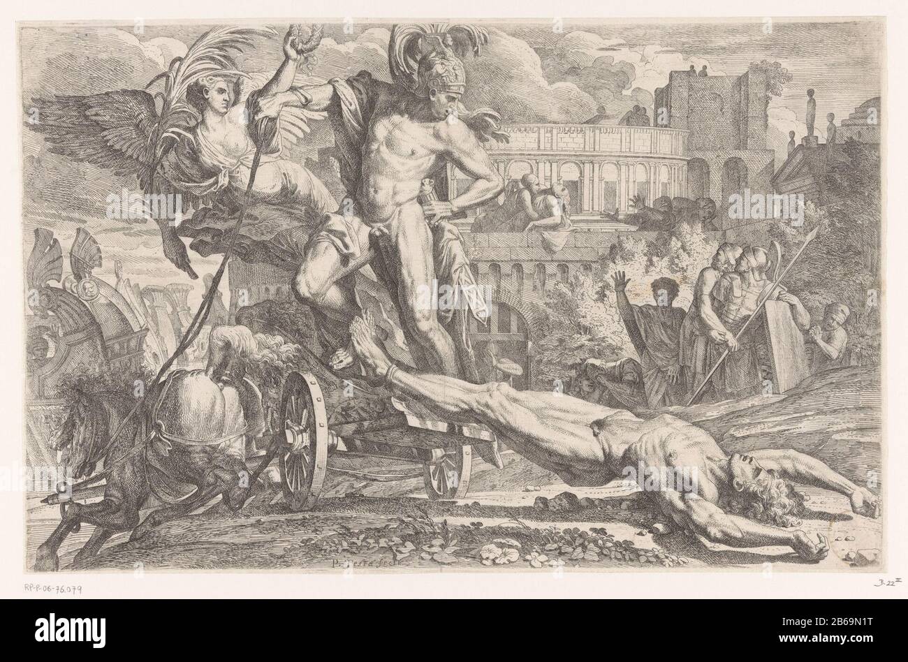 Achille avec cadavre d'Hector derrière son char de naakte Achilles staand op zijn zegewagen. Het lichaam van Hector est aan de wagen gebonden en traîneau sur de fond. Op de achtergrond vecteurs vrouw Andromache en drie gebouwen, mogelijk het Colosseum, de Torre delle Milizie en het Pantheon te Rome. Fabricant : prentmaker: Pietro Testa (vermeld op object)Plaats fabriquent: Italië Dating: CA. 1648 kenmerken physique: ETS matériau: Papier Techniek: Etsen Dimensions: Plaatrand: H 264 mm × b 417 mm Sujet: Le corps d'Hector, attaché au char d'Achille, est traîné autour de la ville Banque D'Images