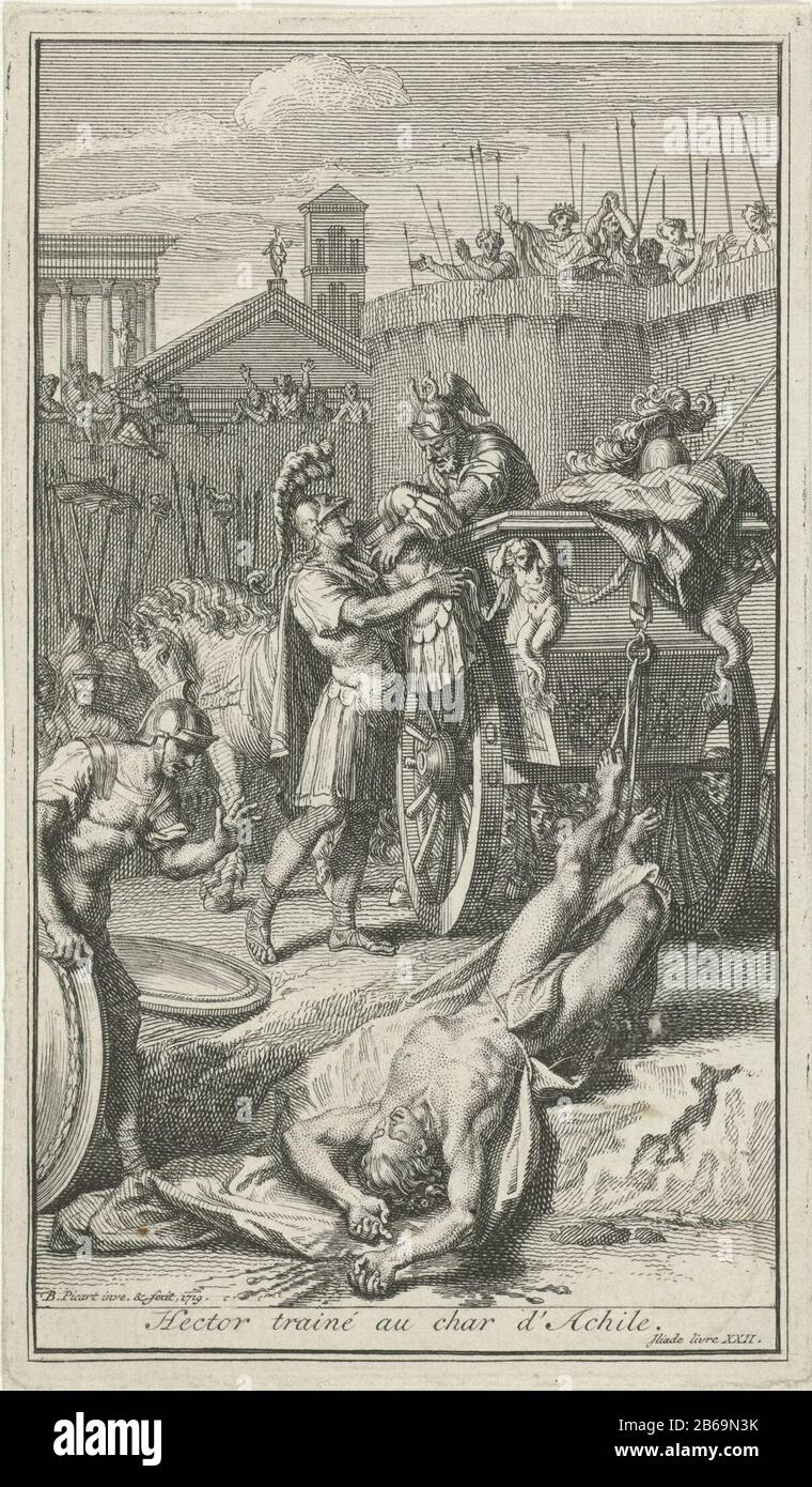 Achilles traînant le corps d'Hector que sa voiture est liée le long des murs de Troy. Andromache montres du stadsmuur. Fabricant : printmaker: Bernard Picart (bâtiment classé) dans son projet: Bernard Picart (propriété cotée) Lieu de fabrication: Amsterdam Date: 1719 Caractéristiques physiques: Gravure et engrafage matériau: Papier technique: Gravure / engrafage (procédé d'impression ) Dimensions: Bord de la plaque: H 142 mm × W 84 mm Objet: Le corps d'Hector, attaché au char d'Achille, est traîné autour de l'achat de la ville et Banque D'Images