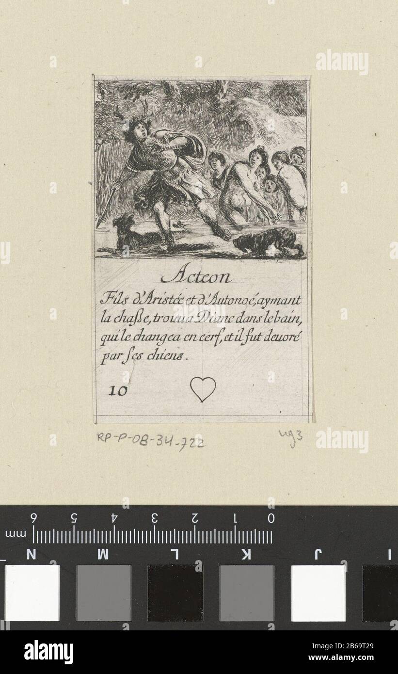 Actaeon Hearts ten Acteon (titre objet) jeu de cartes avec des scènes mythologiques (titre de série) jeu des fables (titre de série) Speelkaart rencontré een voorstelling van prins Actaeon die de godin Diana en haar nimfen betrapt tijdens het baden. ALS straf geeft Diana Hem een hertengewei. Tekst en hart dans de ondermarge. Fabricant: Parijsverlener van Privilege: Franse kroonPlaats fabrication: Parijsverlener van Privilege: Frankrijk Dating: 1620 - 1664 kenmerken physique: ETS Material: Papier Techniek: Etsen Dimensions: Blad: H Banque D'Images