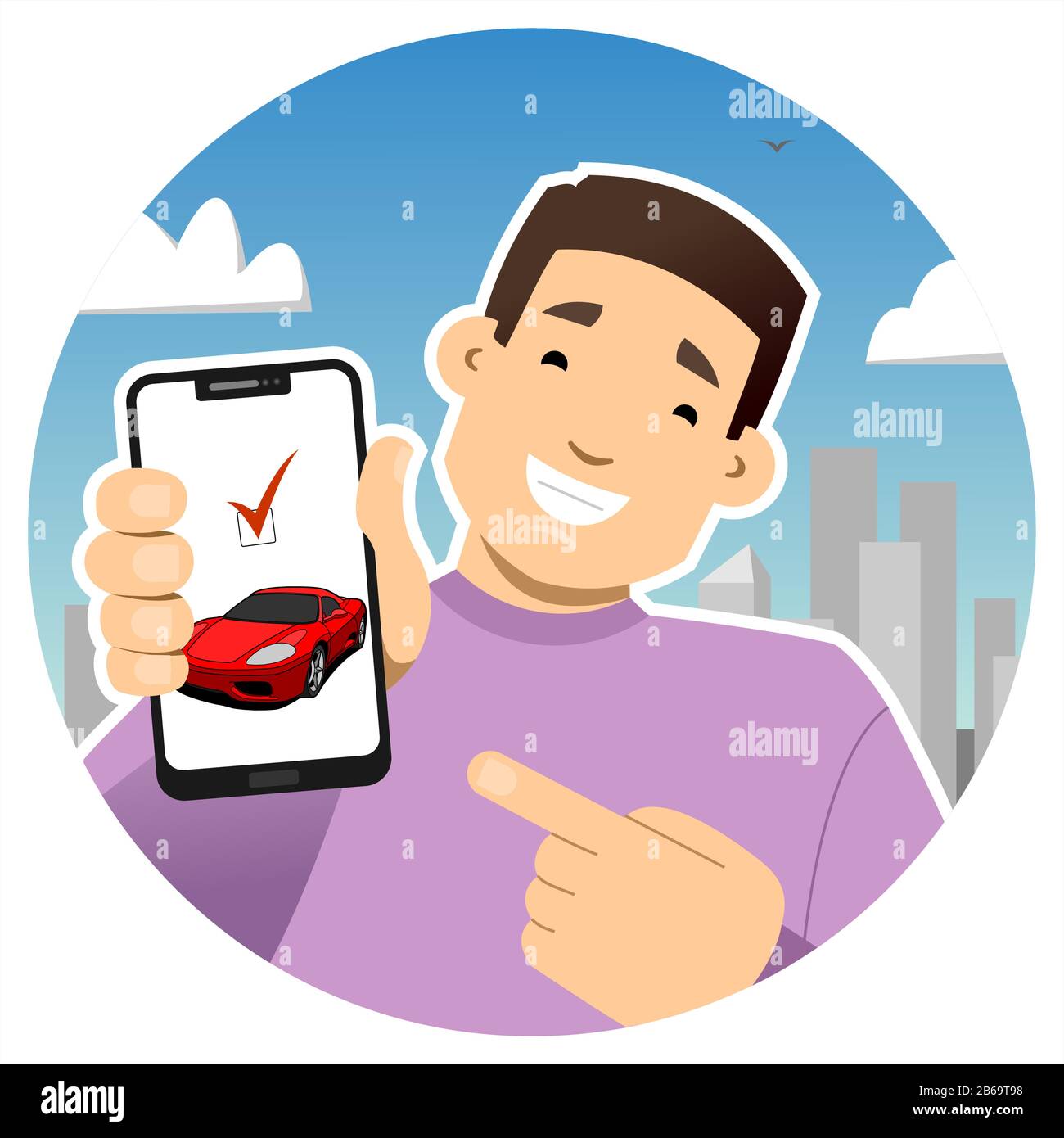 Un gars souriant avec un téléphone. Affiche l'écran du téléphone et le pointe avec un doigt. Acheté une voiture ou vendu. Voiture de sport rouge sur l'écran du téléphone. Icône ronde. Illustration de Vecteur