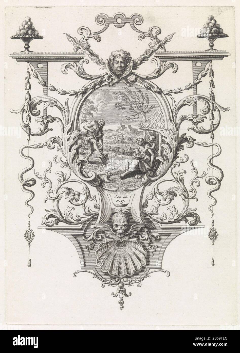 Adam a travaillé la terre et Eve après que les enfants Adam ont travaillé la terre et Eva assure leurs enfants Caïn et Abel. Milieu d'une référence à la Bible dans Genèse 3:17. La performance est enchâssée dans une liste ornementale de feuilles, maçons, guirlandes, tuyaux, crâne, et un schelp. Fabricant : print maker: Bernard Picart (studio) to drawing of: Bernard Picart (indiqué sur l'objet) Lieu de fabrication: Amsterdam Date: 1683 - 1733 Caractéristiques physiques: Gravure et engrafage: Technique du papier: Gravure / engrafé (procédé d'impression) mesures: Bord de la plaque: H 230 mm × W 167 mmToeliechtingent Prorigi Banque D'Images