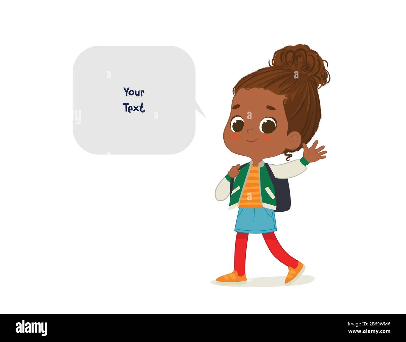 Illustration vectorielle de la fille africaine américaine avec le sac à dos va à l'école. Une jeune fille d'âge préscolaire marche à l'école. École fille et bulle de parole avec Illustration de Vecteur