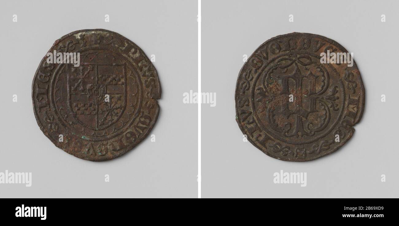 Adolf II et Philippe de Cleves, seigneurs de Ravenstein Koperen penning. Voorzijde: Wapenschild binnen cirkel, opgebouwd it verschillende bogen en omschrift. Keerzijde: Monogramme van de lettres C en P binnen cirkel opgebouwd uit vier versierde bogen en omschrift Fabricant : anoniem Dating: 1492 kenmerken physique: Koper Material: Koper Techniek: Slaan Dimensions: D 2,8 cm. × g 3,64 grOnderwerpWie: Heer Ravenstein Adolf II van Kleef en Markheer van Ravenstein Filips van Kleef Banque D'Images
