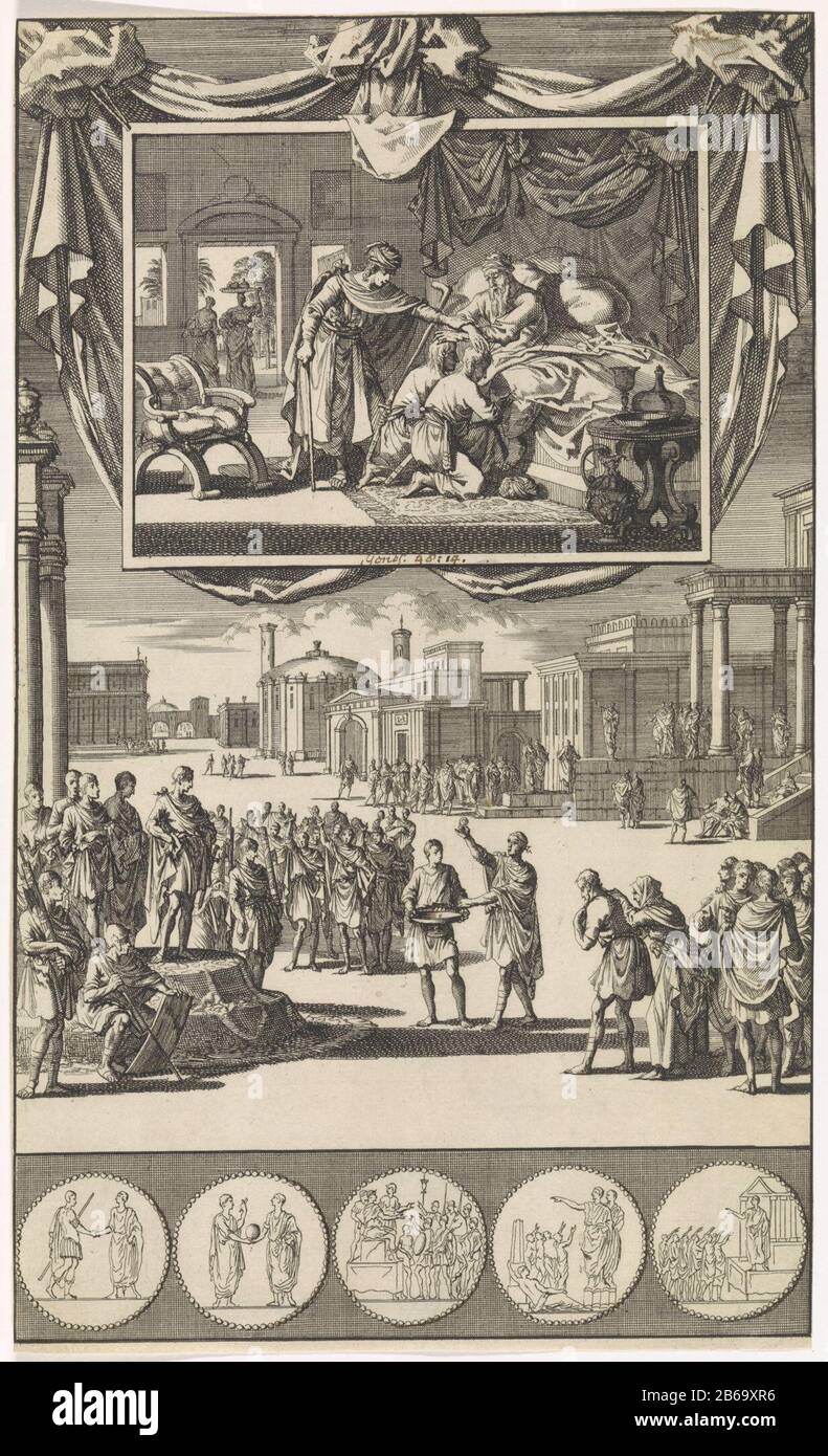 Adoption d'une famille d'accueil et de la bénédiction des enfants de Joseph Deux représentations . A l'étage une liste séparée avec la bénédiction de Manassé et d'Éphraïm, fils de Joseph. Le vieux Jacob se trouve dans son lit et bénit Éphraïm et Manassé. Il le fait avec les mains croisées et prédit un grand avenir pour Éphraïm, le fils plus jeune de Joseph. Joseph essaie de l'arrêter. Sous l'idée centrale: Un forum de Rome détient un citoyen romain une pièce à ce jour et il se déprie devant le magistrat qu'il est le jeune qui l'adoptera comme fils est le prochain. Parmi le spectacle cinq Roman penningen. Fabricant : Printmaker Jan Luyke Banque D'Images