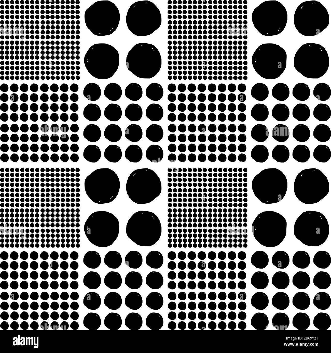 Motif géométrique vectoriel sans couture de cercles noirs dessinés à la main de différentes tailles sur un fond blanc. Pour la décoration, le textile, le tissu, la moquette, le papier peint, Illustration de Vecteur