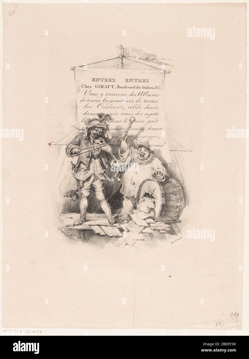 L'éditeur de l'annonce Gihaut Paris, violoniste et clown devant l'entrée d'une tente de cirque. Au-dessus d'eux se bloque une bannière avec un texte promotionnel pour la publication Gihaut. Le clown frappe un tambour avec un trou Où: Des livres vallen. Fabricant : printmaker: Nicolas Toussaint Charlet (bâtiment classé) imprimante: Charles Villain (bâtiment classé) éditeur: Gihaut Frères (possible) Lieu de fabrication: Paris Date: 1820 - 1844 Caractéristiques physiques: Lithographie matériau: Technique du papier: Lithographie (technique) Dimensions: Feuille: H 358 mm × W 264 mm Objet: Violon, violon - CC - OUT ou batterie (musique instrume Banque D'Images