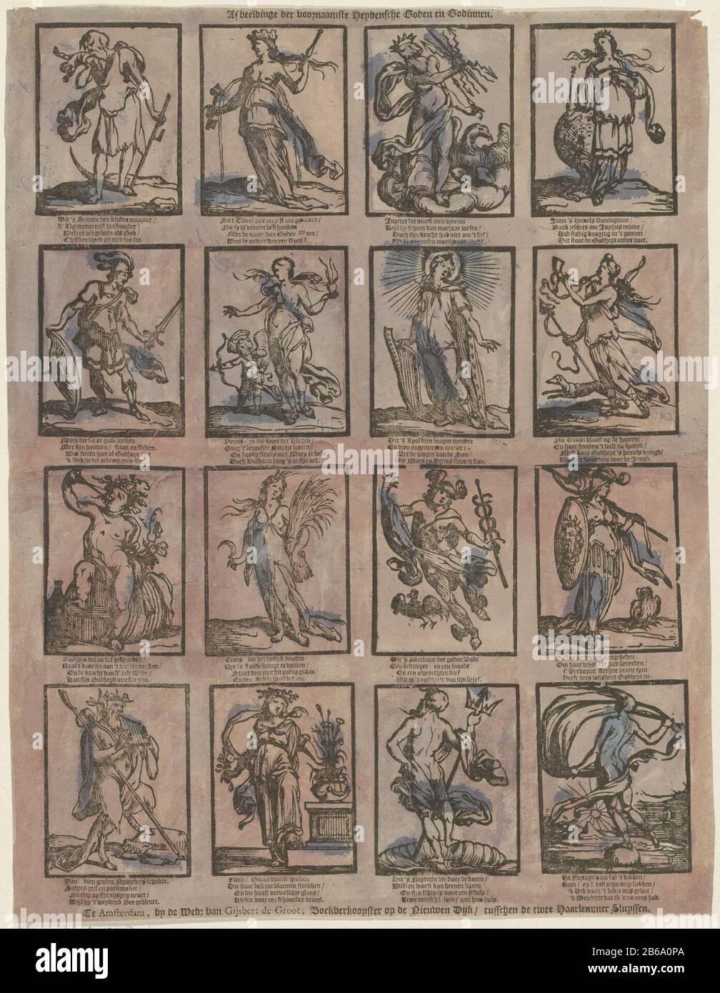 De l'image en chef directement les dieux et déesses de heyden cal (titre objet) feuille avec 16 représentations de dieux et de déesses, telles que Saturne, Juno et Ceres. Sous chaque photo, un quatre lignes. Fabricant : Publisher: Gijsbert de Groot (bâtiment classé) printmaker: Fabrication anonyme: Amsterdam Date: 1638 - 1692 Caractéristiques physiques: Bois sur du papier rose préparé, coloré en bleu; matériel d'impression de texte: Papier technique: Coupe du bois / couleurs / formats d'impression: Feuille: H 377 mm × W 289 mm Objet: dieux  mythologie classique Banque D'Images