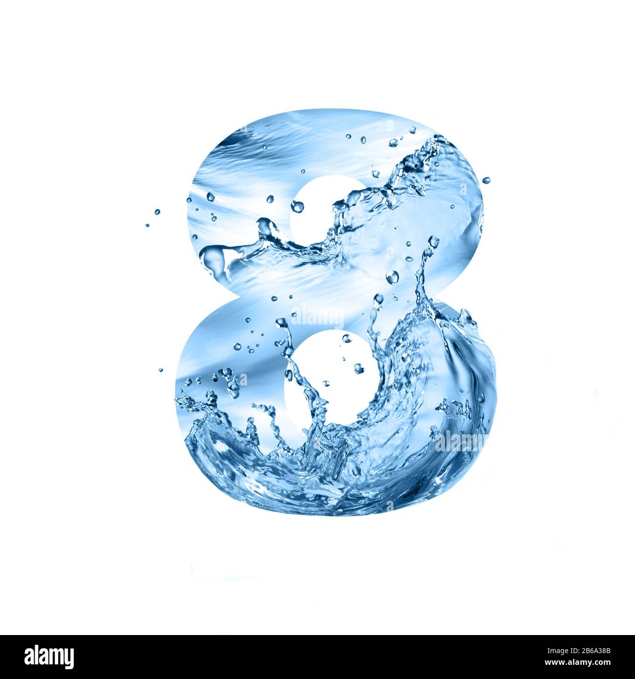 police stylisée, texte composé de projections d'eau, chiffre huit, isolée sur fond blanc Banque D'Images