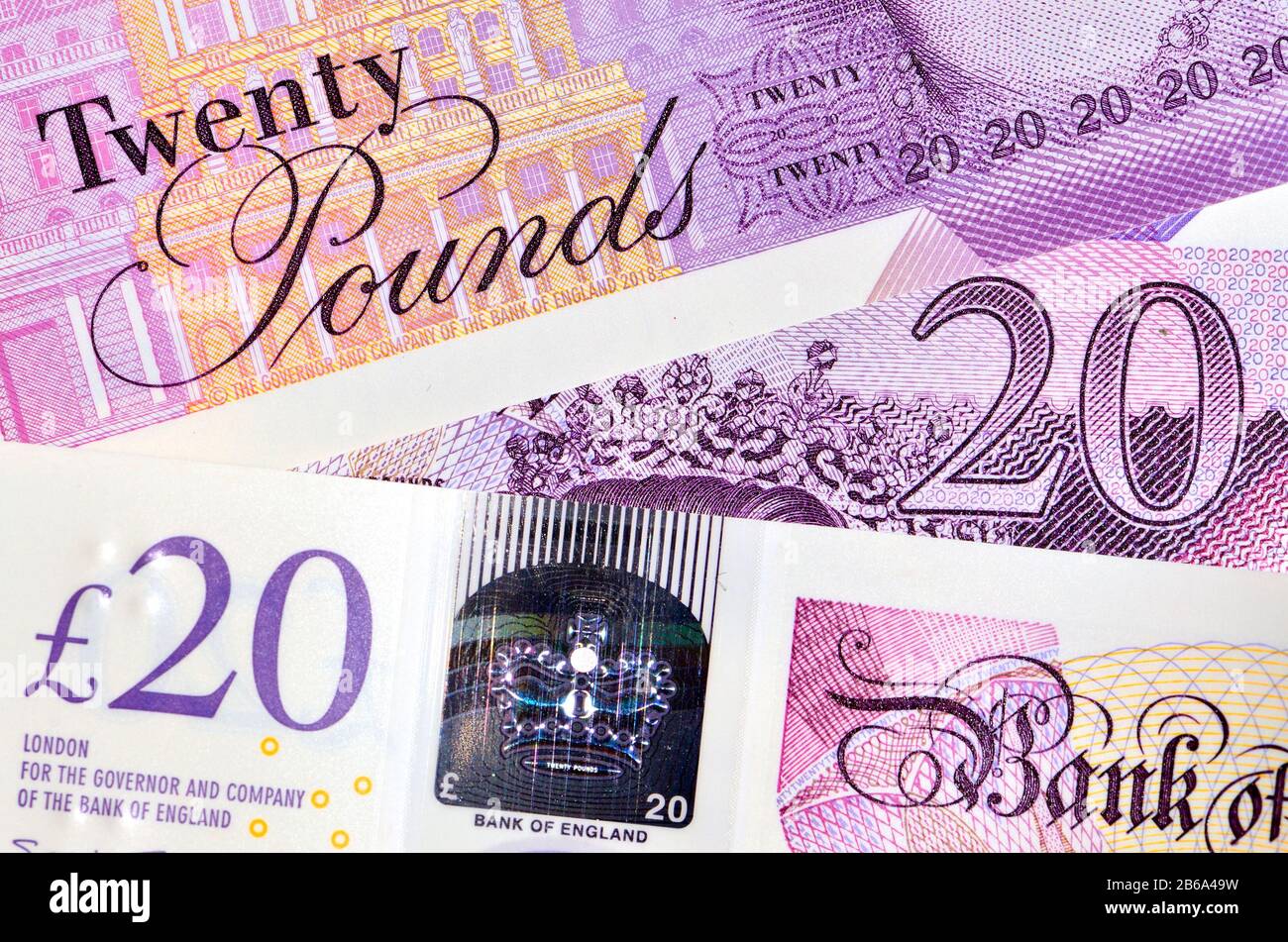 Nouvelles fonctionnalités de sécurité du polymère britannique £20 notes (février 2020) Banque D'Images