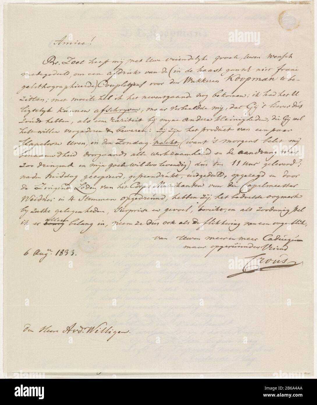 Copie de la chanson en l'honneur du lieutenant-commerçant et lettre de  couverture, en 1833 Transcription de la chanson en l'honneur du lieutenant  Jan Coenraad Koopman, de Haarlem, Et ses exploits, entre autres