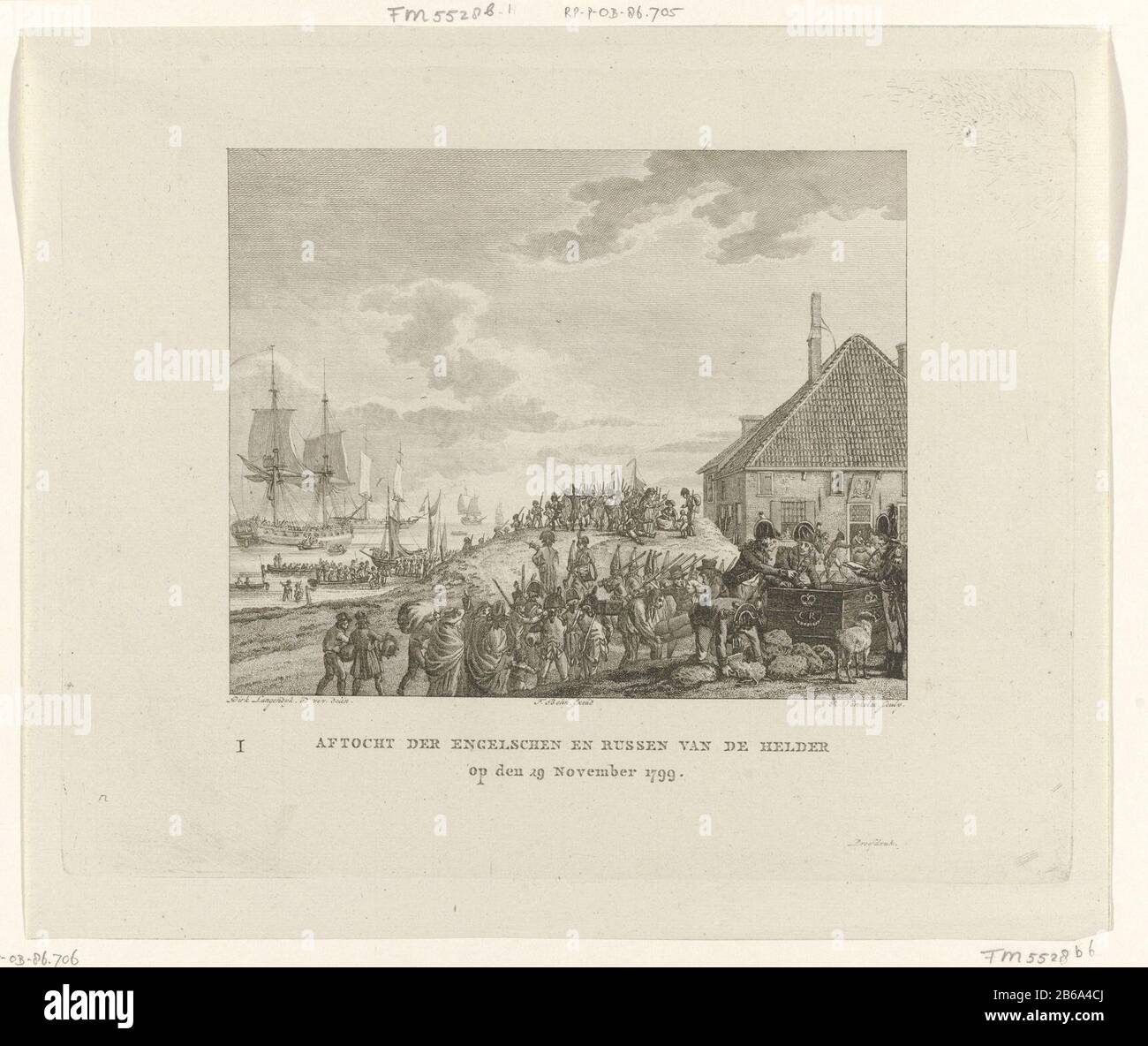 Retraite des Britanniques et des Russes de Den Helder, 1799 retraite des Anglais et des Russes Le 29 novembre 1799 (titre objet) les soldats des envahisseurs britanniques-russes quittent Den Helder le 29 novembre 1799. Au premier plan, un grand coffre est le monogramme couronné GR. En arrière-plan, les hommes de lea dans les bateaux à un navire en attente. Signature bas gauche de la lettre I. Fabricant : printmaker: Reiner Vinkeles (I) (bâtiment inscrit) dans le dessin: Dirk Langendijk (bâtiment inscrit) éditeur: François Bohn (propriété inscrite) Lieu de fabrication: Printmaker: Pays-Bas à-dessin: Den Hel Banque D'Images