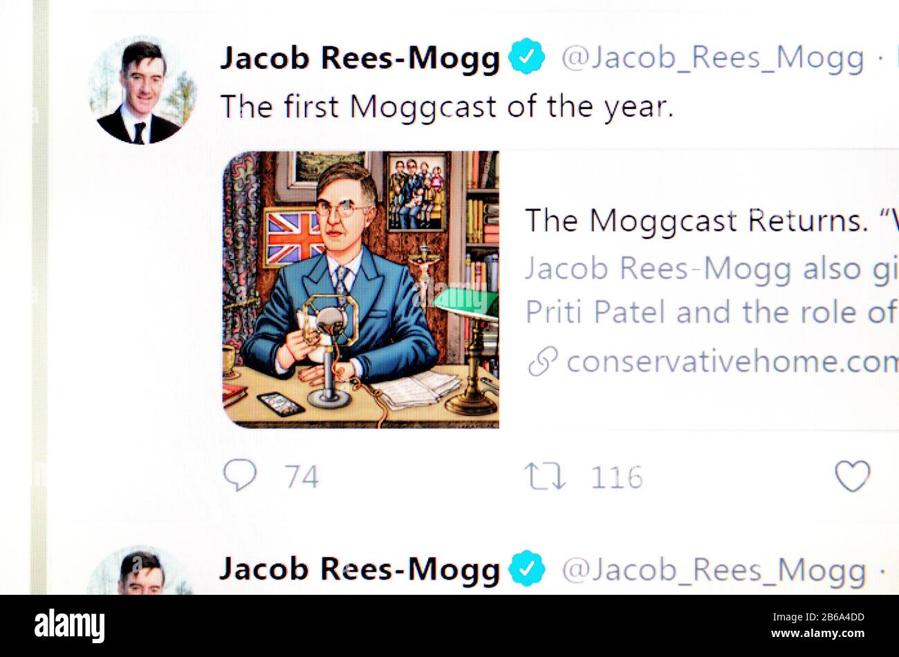 Page Twitter (mars 2020) Jacob Rees-Mogg, leader de la Chambre des communes et Lord Président du Conseil Banque D'Images