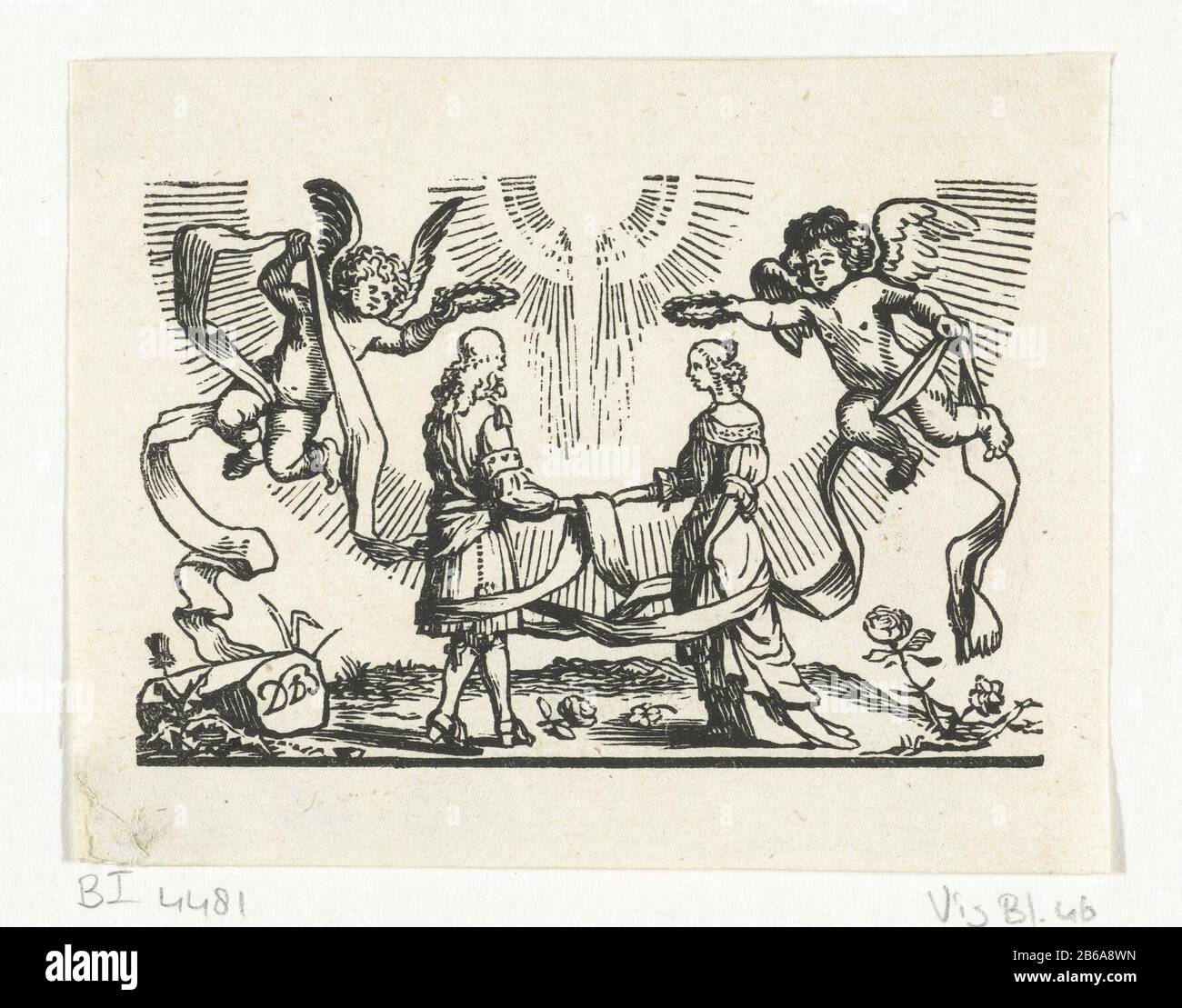 Allégorie avec une jeune femme et un homme une jeune femme et un homme tiennent la main droite. Ils sont couronnés par deux anges et reliés par une longue peluche. Fabricant : printmaker: Dirck de Bray (propriété cotée) Lieu de fabrication: Pays-Bas Date: 1635 - 1694 Caractéristiques physiques: Matière de coupe du bois: Technique du papier: Bois Dimensions: Feuille: H 66 mm x b 85 mm Banque D'Images