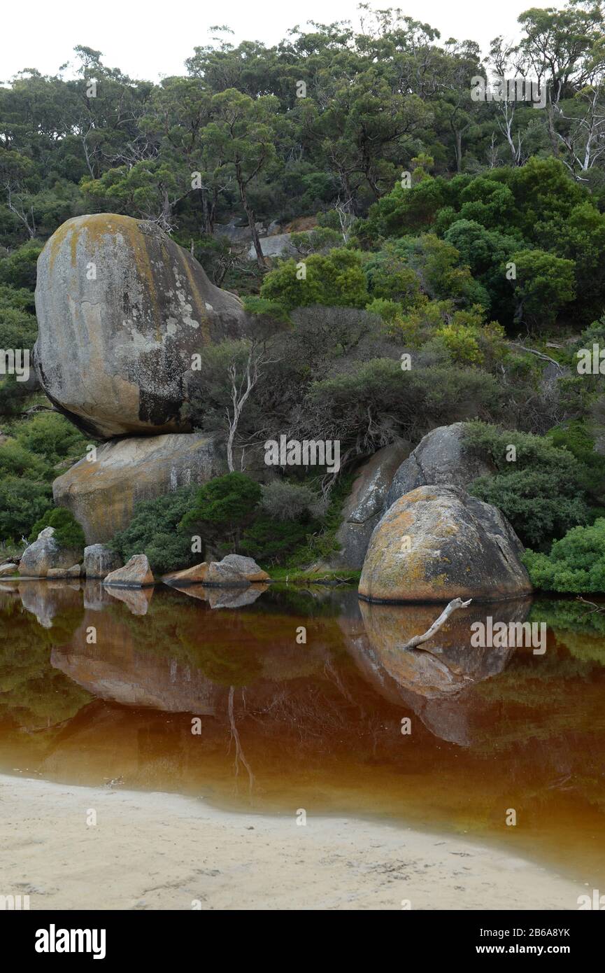 Des rochers massifs de granit ornent la côte comme des sculptures naturelles au promontoire de Wilson, Victoria, Australie Banque D'Images