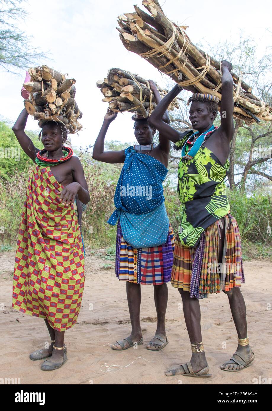 Les femmes de la tribu Toposa portant des branches de bois sur leur tête, l'État de Namorunyang, Kapoeta, Soudan du Sud Banque D'Images