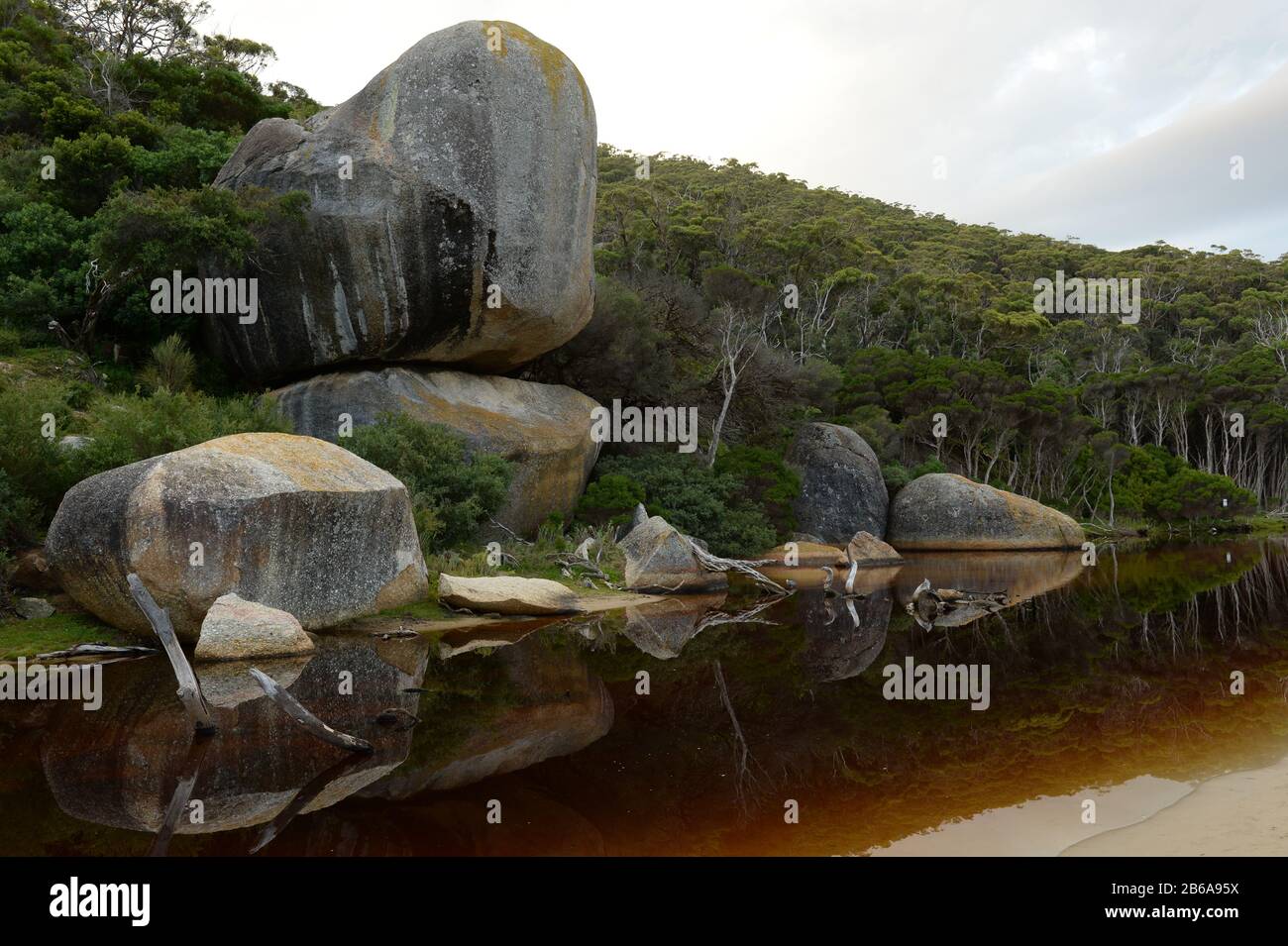 Des rochers massifs de granit ornent la côte comme des sculptures naturelles au promontoire de Wilsons, Victoria, Australie Banque D'Images