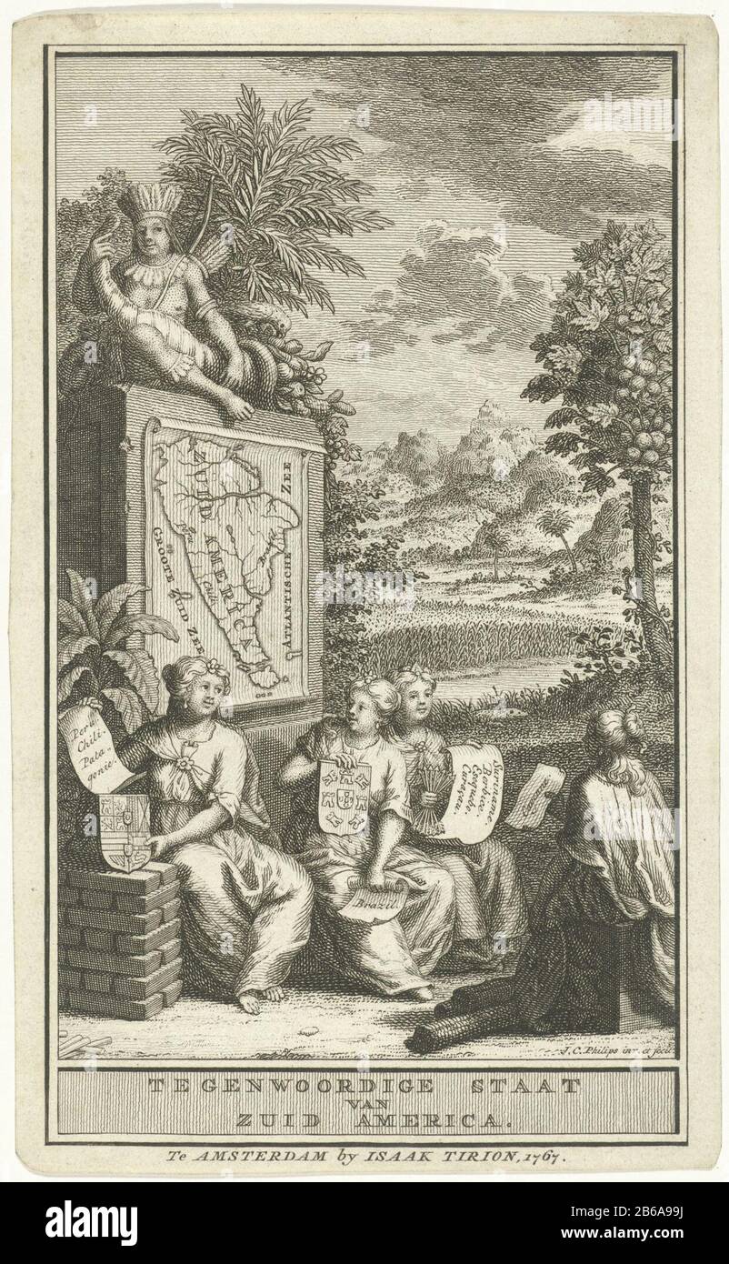 Allégorie Amérique du Sud Page de titre pour le saumon T, l'histoire Moderne de l'État, ou L'état Actuel de l'Amérique, 1767 paysage Exotique au premier plan unité et trois femmes. Ils tiennent le papier Où: Les pays du continent et les armoiries dans la main. On ruine la carte de l'Amérique du Sud. Sur le monument un Indien et les ressources de la région. En marge du titre en Nederlands. Fabricant : printmaker Jan Caspar Philips (bâtiment classé) dans son design: Jan Caspar Philips (bâtiment classé) Editeur: Isaak Tirion (immeuble classé) Lieu de fabrication: Amsterdam Date: 1767 Caractéristiques physiques : e Banque D'Images