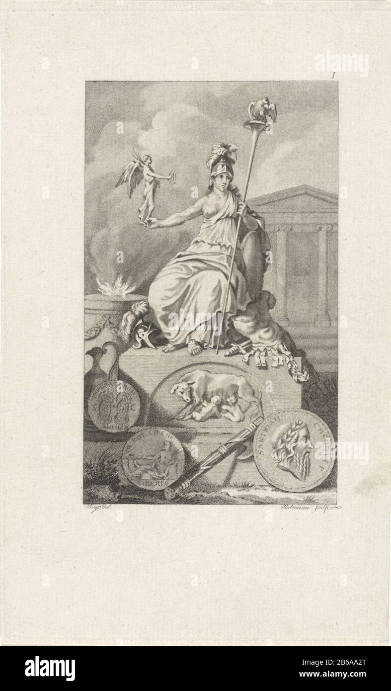 Allégorie de l'histoire romaine Page de titre pour M Stuart, histoire romaine, 1793 La personnification de la ville de Rome est une augmentation d'une petite image de Victoria dans ses mains. Le sous-sol est montré Romulus et Remus avec le loup. En plus de son feu brûle dans un oderzeuil. Fabricant : Print maker: Ludwig Gottlieb Portman (indiqué sur l'objet) à dessin de: Jacobus Buys (indiqué sur l'objet) Lieu de fabrication: Utrecht Date: 1793 Caractéristiques physiques: Plaquettes et matériel de gravure: Papier technique: Plaquettes stippeletching dimensions : feuille: H 206 mm × W 124 mmToelielielielitingTitelpagfo Banque D'Images