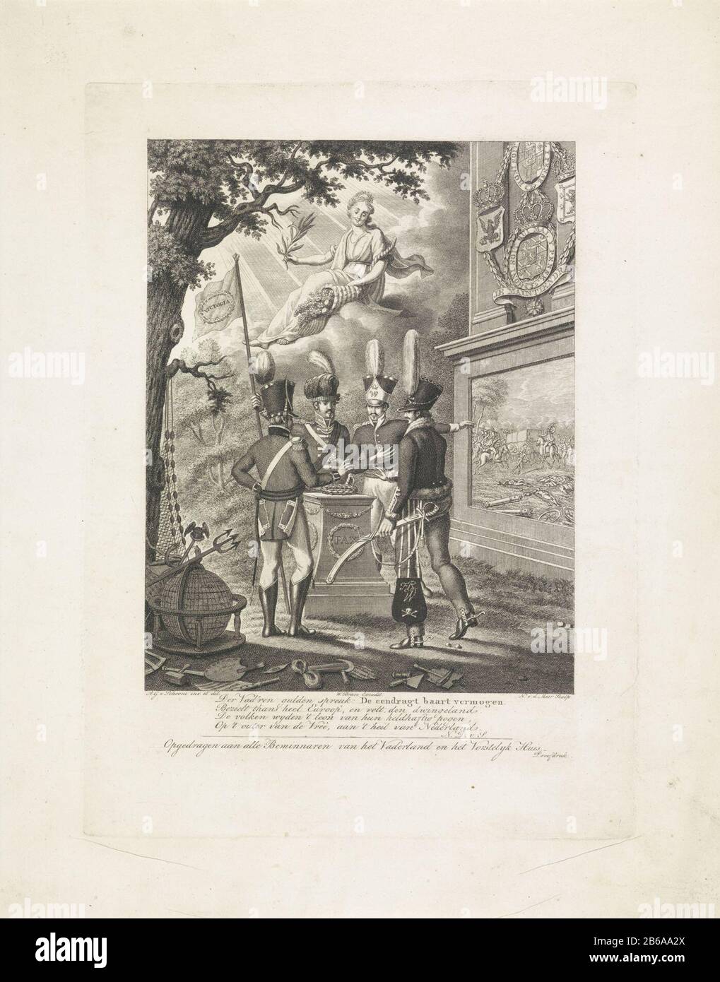 Allégorie de la bataille de Waterloo, 1815 victoire des alliés à la bataille de Waterloo le 18 juin 1815. Quatre soldats se tiennent à l'autel de la paix, un prussien et un Néerlandais, c'est aussi un Brit ou un Scot et un Hanoverian ou un Brunswijker. La Hollander pointe vers une colonne sur la droite Où: Sur les bras des alliés et imaginez conquérir Napoléon char. Depuis les nuages la paix voit une cornucopia loin. Dans les symboles de premier plan du commerce et des arts Dans la légende un verset de quatre lignes. Voir aussi le dessin et la poignée de commande. Fabricant : printmaker, Noah van der Meer (II) (bâtiment classé) dans Banque D'Images