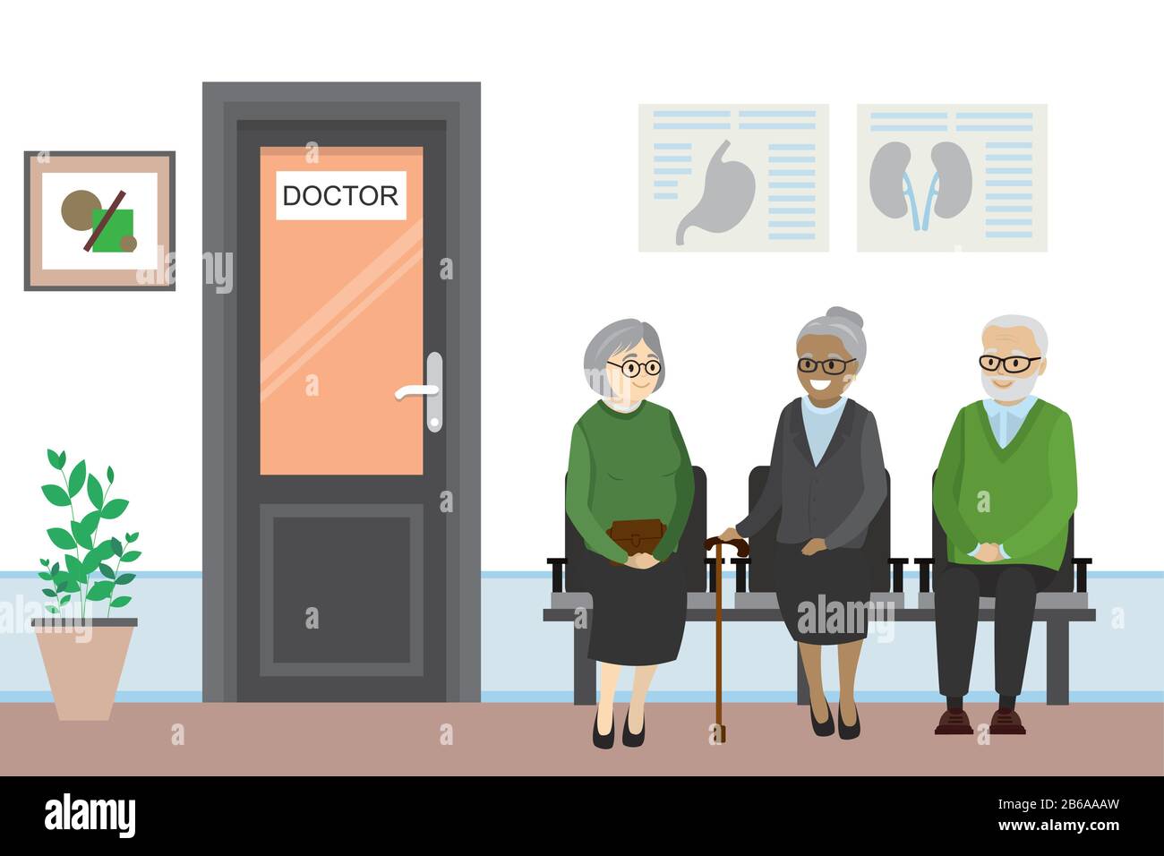 Porte de dessin animé au bureau du médecin et les personnes âgées attendent, illustration vectorielle plate Illustration de Vecteur