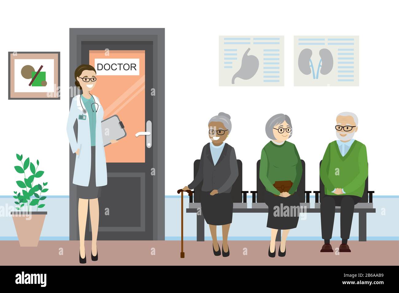 Porte de dessin animé au bureau du médecin et les personnes âgées attendent, infirmière féminine caucasienne devant le bureau, illustration vectorielle plate Illustration de Vecteur