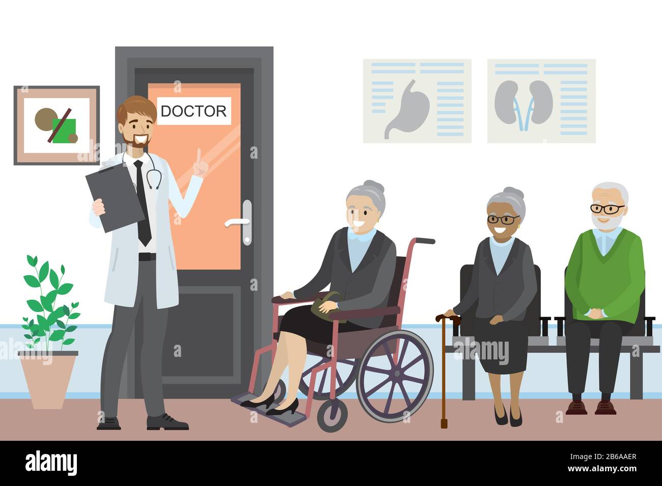 Porte de dessin animé au bureau du médecin et les personnes âgées attendent, infirmière masculine caucasienne devant le bureau, illustration vectorielle plate Illustration de Vecteur