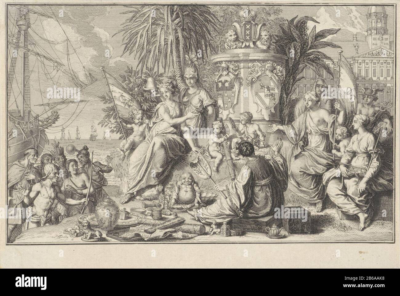 Allégorie de la West India et East India Company les personnifications de West Indian et East Indian Company, chacune avec un drapeau de la société en main, pointant vers les bras d'Aegidius van den Bempden et Jan lieve geelvinck, directeurs des sociétés commerciales et maires d'Amsterdam. L'hôtel de ville d'Amsterdam et les personnifications de la foi Mercure comme dieu du commerce et de la justice. A laissé des navires de commerce en mer et ceux qui représentent les peuples de l'Ouest et de l'est de l'Inde. Au premier plan, un produit : . Fabricant : machine à imprimer: Bernard Picartnaar dessin de: Bernard PicartPlaats fabrication: AMS Banque D'Images