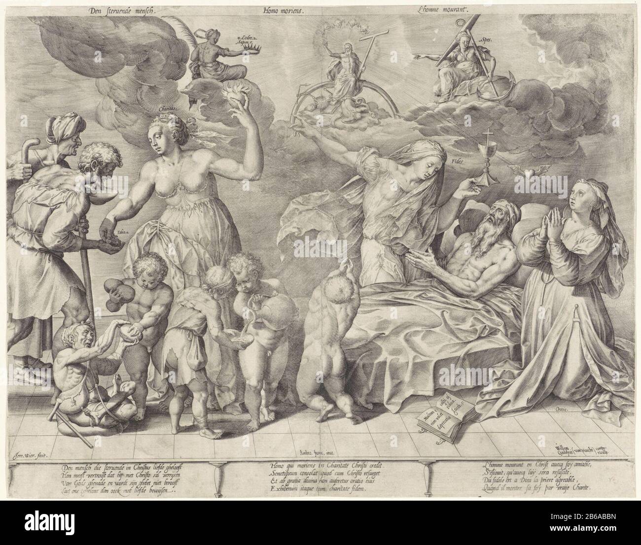 Allégorie de la bonne mort de l'homme l'homme Mourant gay moriens l'homme mourant (titre objet) un vieil homme se trouve sur son lit de mort, ses mains repliées dans la prière. À son côté se tient foi (foi) et prière (Oratio). Pensez à pointer vers le ciel. Un coeur ailé s'élève de la bouche de prière sur. Au pied est Amour (Charité). Elle partage de l'argent et de la nourriture aux personnes âgées et aux enfants. Dans le ciel, Christ est assis sur un arc-en-ciel, il a piétiné la mort et le diable. Les nuages à côté de lui Sagesse (Sapientia) et espoir (Spes). En marge d'un poème de quatre lignes en néerlandais, en latin et en Frans. Fabricant : printmaker: Jerome Qui: RI Banque D'Images