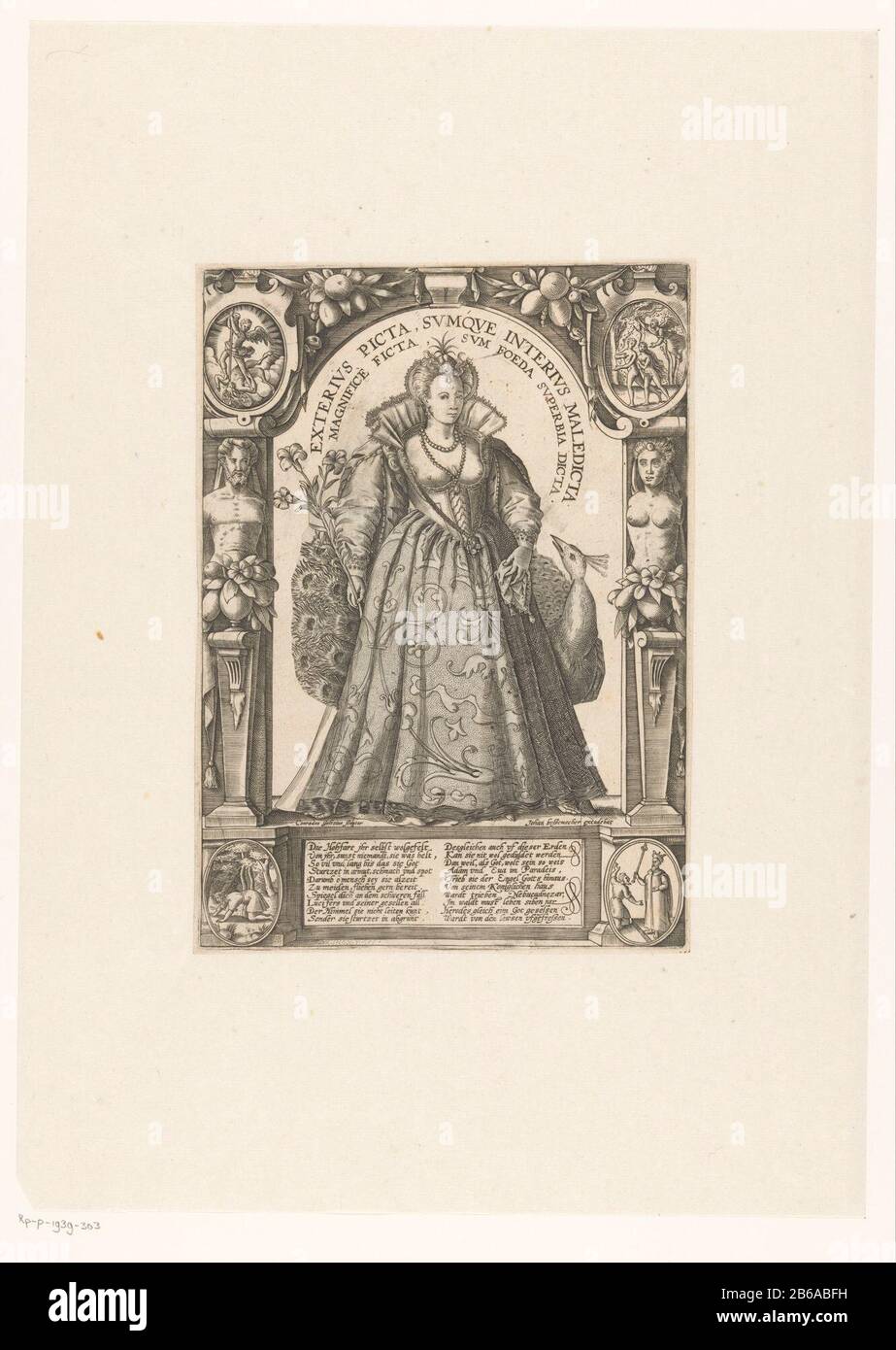 Allégorique op hoogmoed l'extérieur de l'image, juteux à l'intérieur de l'abus (objet titel op) Superbia comme une dame habillée fashionablement, en lys dans sa main droite. À sa gauche est un paon, son attribut. La jupe à robe est pliable. Sous son abdomen comme squelette avec Adam et Eve à l'automne. Dans les coins du cadre architectural, quatre médaillons représentant des scènes bibliques de fierté. Avec signature dans les Duits. Fabricant : Print Maker: Conrad Goltz (indiqué sur l'objet) éditeur: Johann Bussem Stomacher (indiqué sur l'objet) Date: 1578 - 1597 Caractéristiques physiques: Engraa avec composant mobile Banque D'Images