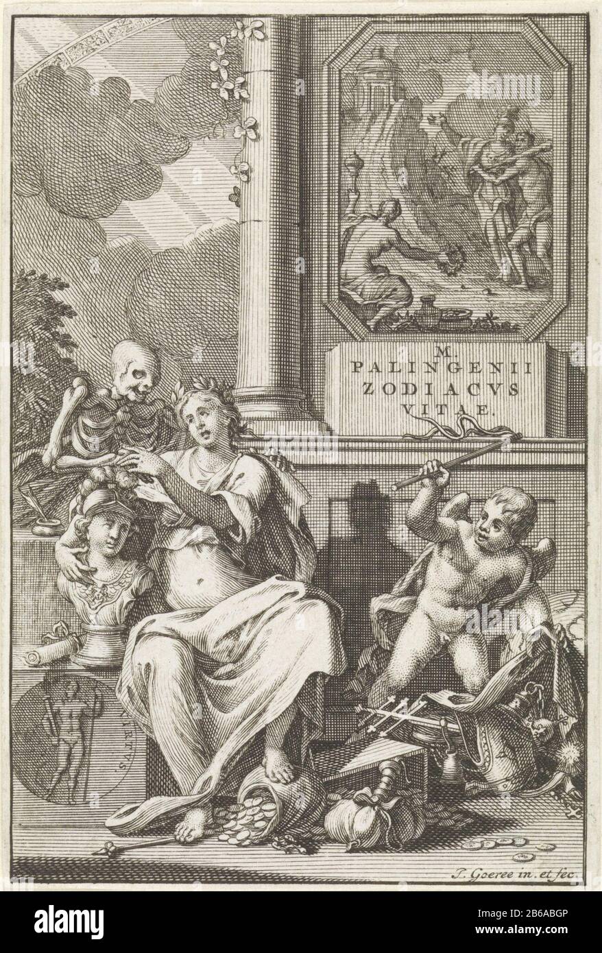 Le choix de l'allégorie entre la bonne page de titre du monde et spirituel pour Marcellus Palingenius, Zodiacus Vitae, 1722 Zodiacvs Vitae (objet de titre) une femme avec couronne de laurier se trouve sur un banc à côté de la statue de buste de Minerva. Elle tient la main de la mort. À ses pieds sont des richesses du monde. Droite révèle un puto avec un fouet symboles de l'église, caché sous une couverture. Derrière le puto un mur avec le titre du livre, et une murale d'Hercules à la croisée des chemins. Dans l'arrière-plan partie aéroportée du zodiaque. Fabricant : printmaker Jan Goeree (propriété cotée) conçu par Jan Goeree (bâtiment classé) p Banque D'Images